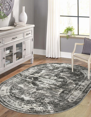 Gray 4' 1 x 6' 1 Sofia Oval Area Rug Durable Easy Clean Stain Resistant Unique Carpet for Affordable Interior Home Design for Sale at Rug Engine