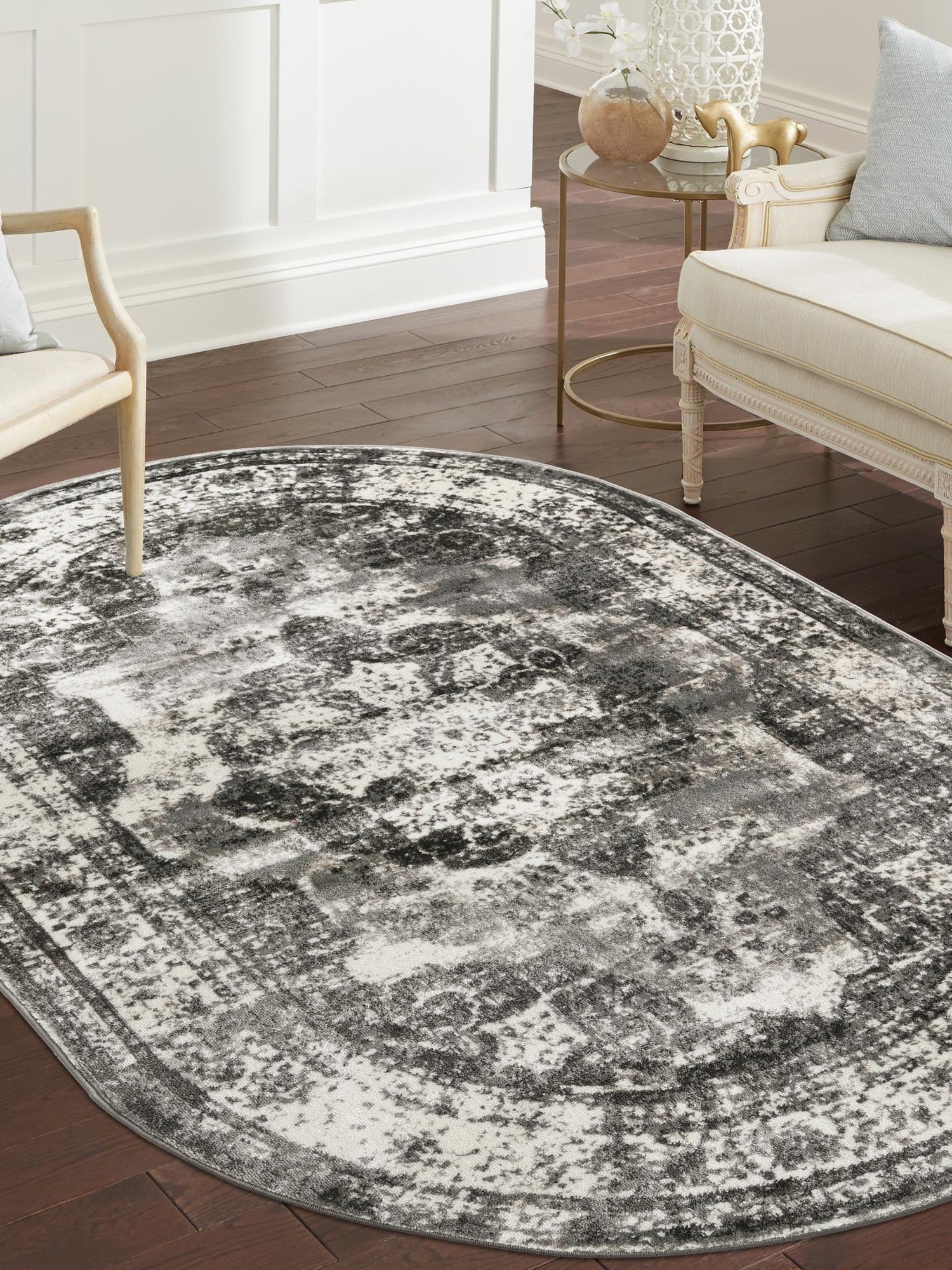 Gray 4' 1 x 6' 1 Sofia Oval Area Rug Durable Easy Clean Stain Resistant Unique Carpet for Affordable Interior Home Design for Sale at Rug Engine
