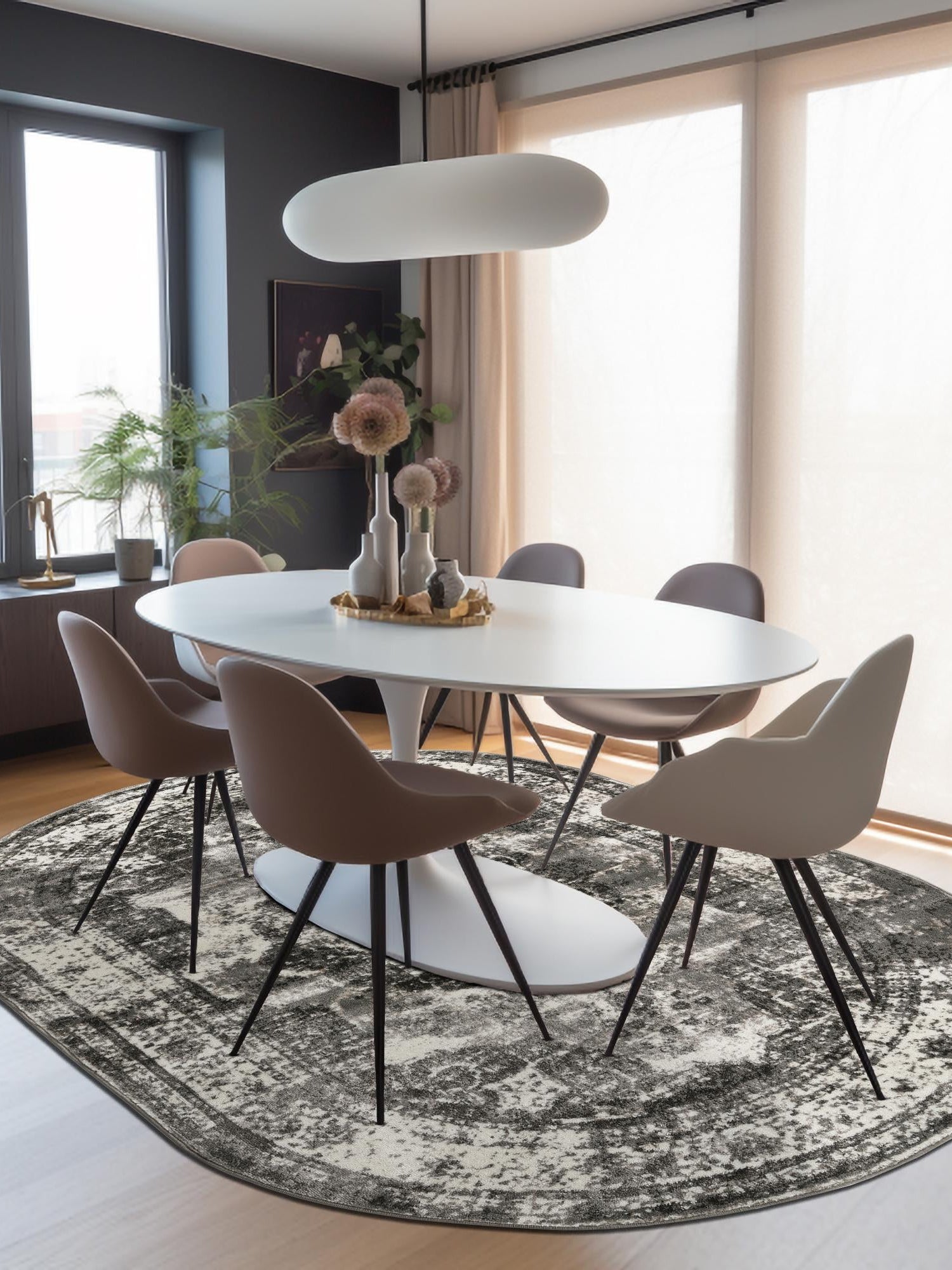 Gray 4' 1 x 6' 1 Sofia Oval Area Rug Durable Easy Clean Stain Resistant Unique Carpet for Affordable Interior Home Design for Sale at Rug Engine