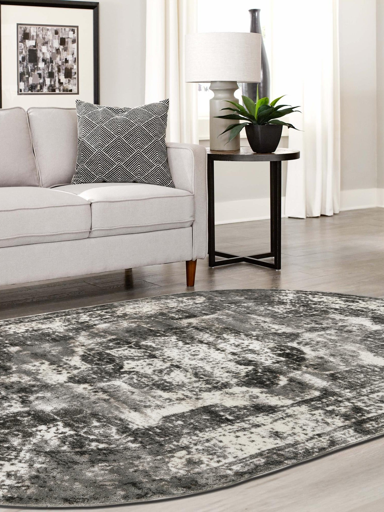 Gray 4' 1 x 6' 1 Sofia Oval Area Rug Durable Easy Clean Stain Resistant Unique Carpet for Affordable Interior Home Design for Sale at Rug Engine