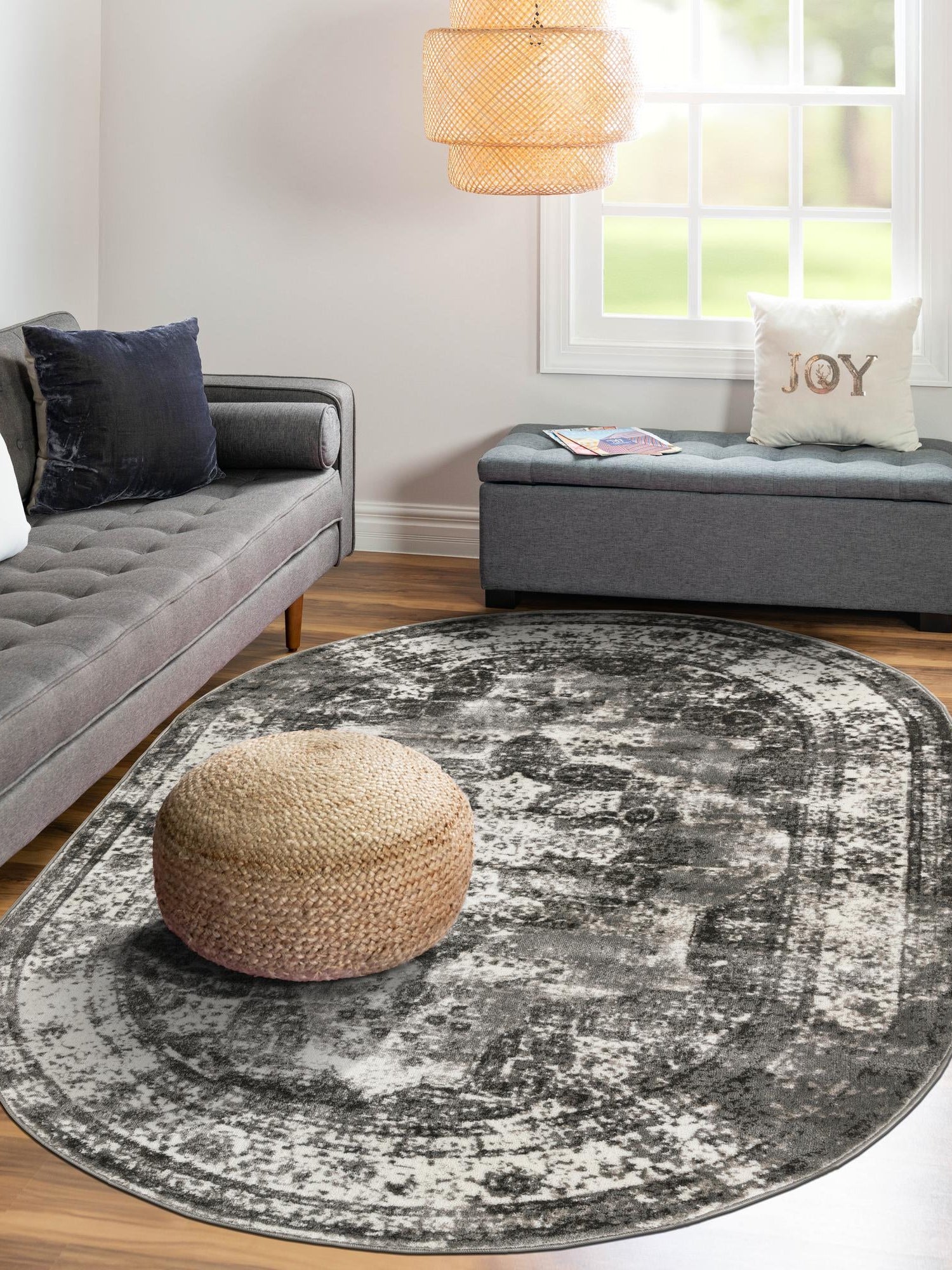 Gray 4' 1 x 6' 1 Sofia Oval Area Rug Durable Easy Clean Stain Resistant Unique Carpet for Affordable Interior Home Design for Sale at Rug Engine
