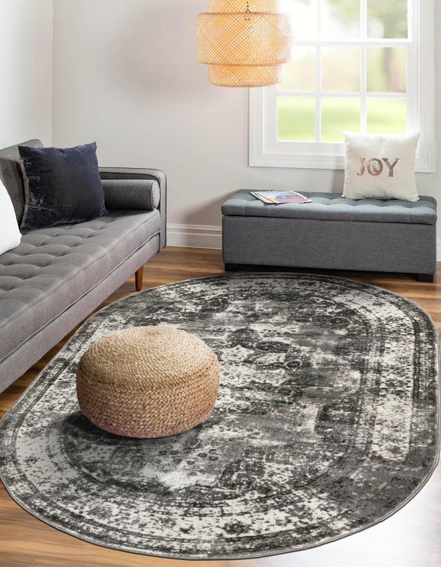 Gray 4' 1 x 6' 1 Sofia Oval Area Rug Durable Easy Clean Stain Resistant Unique Carpet for Affordable Interior Home Design for Sale at Rug Engine