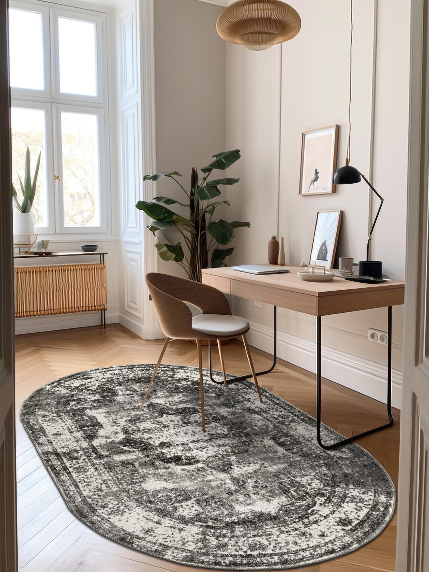 Gray 4' 1 x 6' 1 Sofia Oval Area Rug Durable Easy Clean Stain Resistant Unique Carpet for Affordable Interior Home Design for Sale at Rug Engine