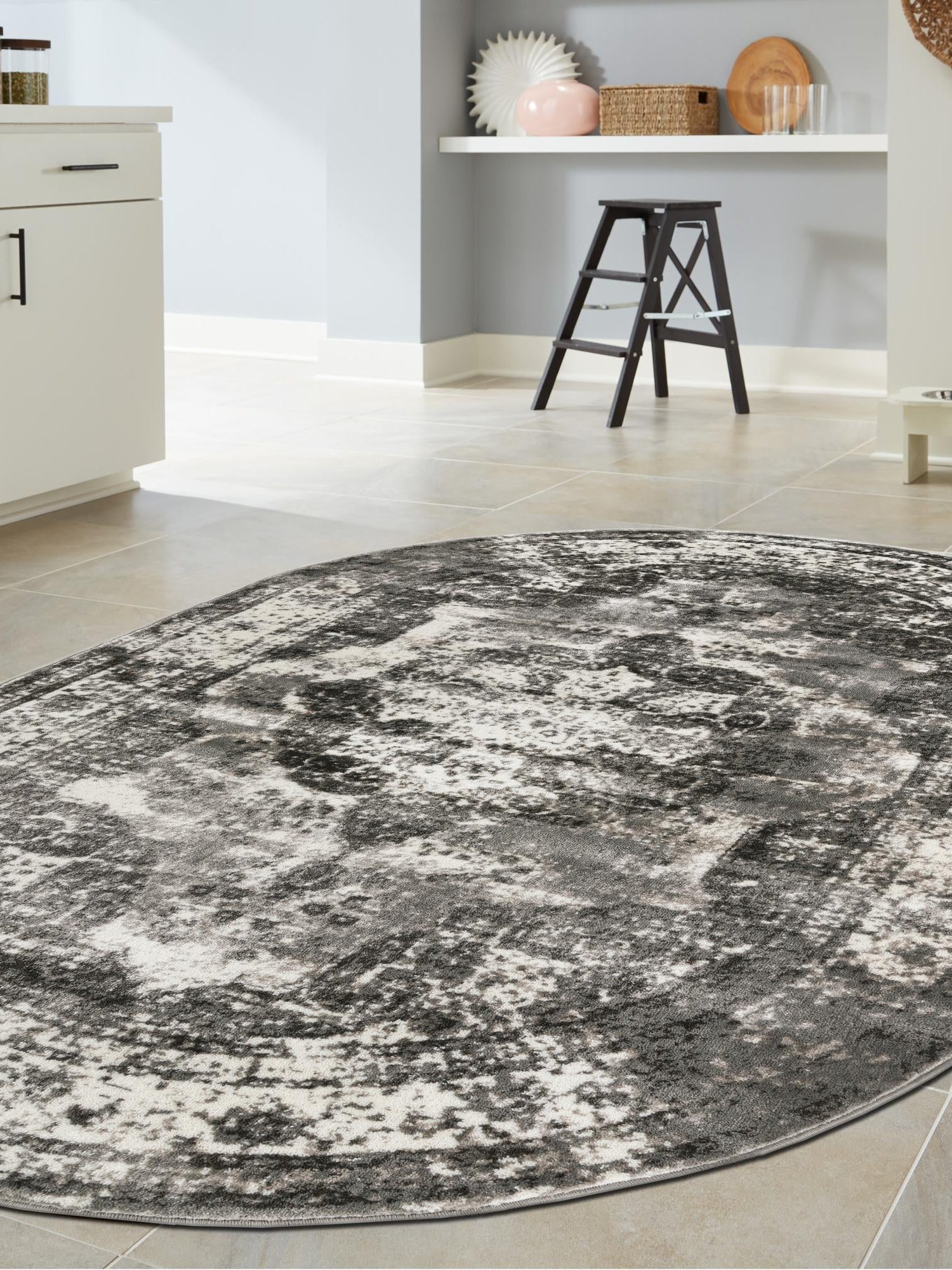 Gray 4' 1 x 6' 1 Sofia Oval Area Rug Durable Easy Clean Stain Resistant Unique Carpet for Affordable Interior Home Design for Sale at Rug Engine