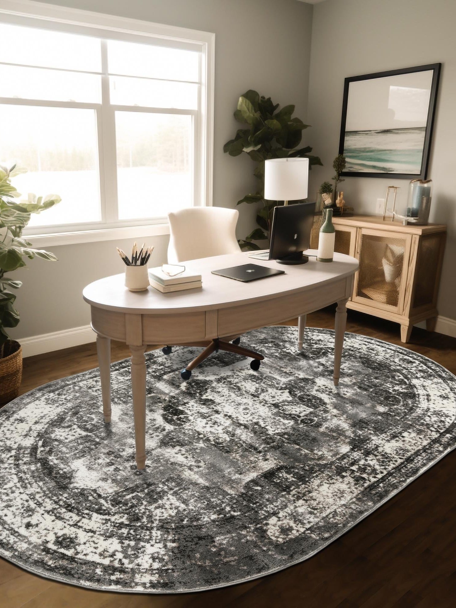 Gray 4' 1 x 6' 1 Sofia Oval Area Rug Durable Easy Clean Stain Resistant Unique Carpet for Affordable Interior Home Design for Sale at Rug Engine