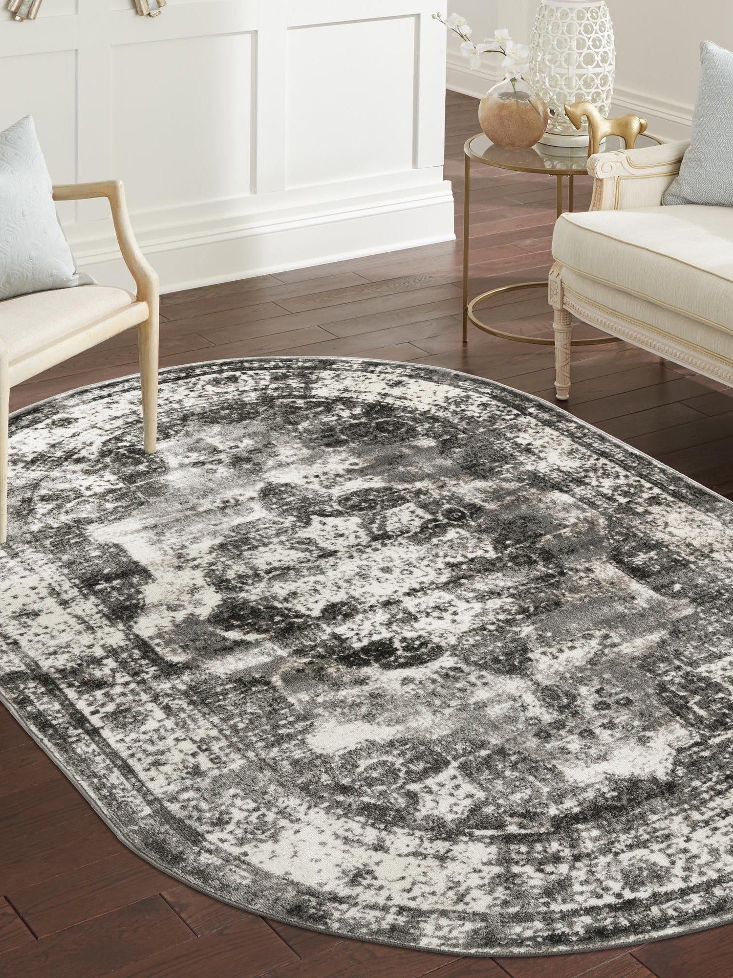 Gray 4' 1 x 6' 1 Sofia Oval Area Rug Durable Easy Clean Stain Resistant Unique Carpet for Affordable Interior Home Design for Sale at Rug Engine