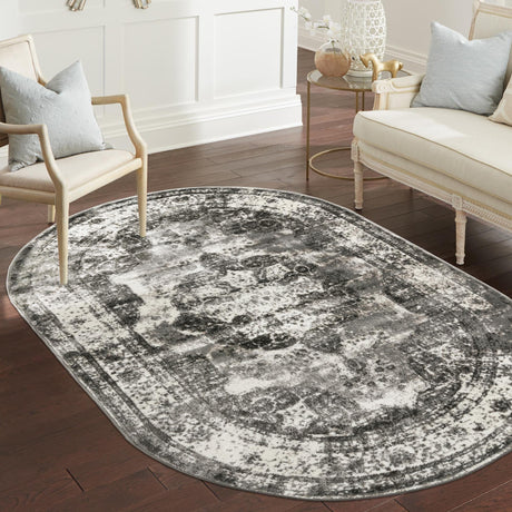 Gray 4' 1 x 6' 1 Sofia Oval Area Rug Durable Easy Clean Stain Resistant Unique Carpet for Affordable Interior Home Design for Sale at Rug Engine