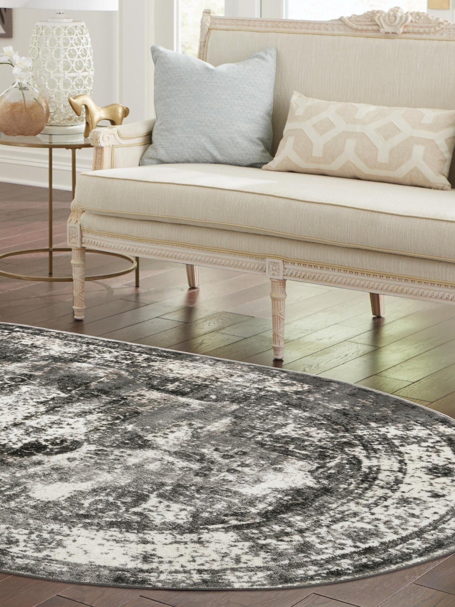 Gray 4' 1 x 6' 1 Sofia Oval Area Rug Durable Easy Clean Stain Resistant Unique Carpet for Affordable Interior Home Design for Sale at Rug Engine