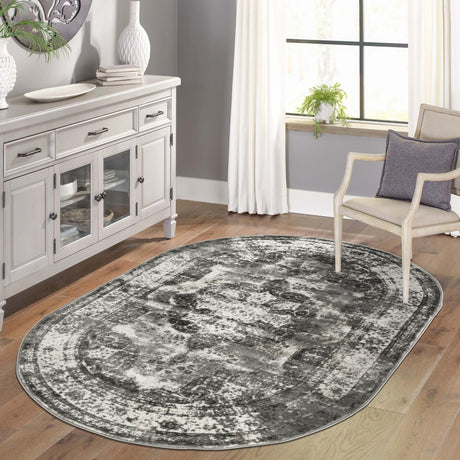 Gray 5' 3 x 8' Sofia Oval Area Rug Durable Easy Clean Stain Resistant Unique Carpet for Affordable Interior Home Design for Sale at Rug Engine