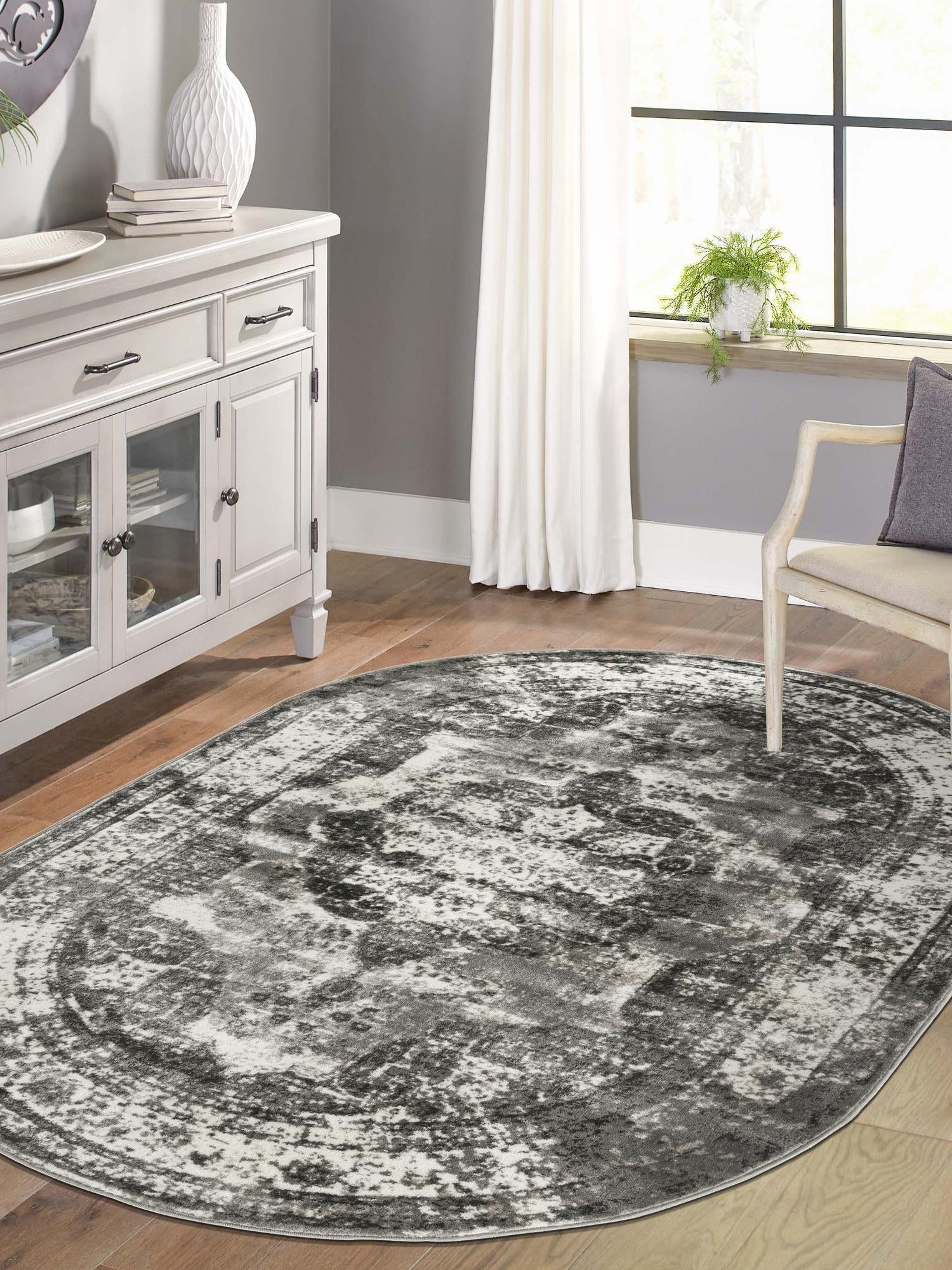 Gray 4' 1 x 6' 1 Sofia Oval Area Rug Durable Easy Clean Stain Resistant Unique Carpet for Affordable Interior Home Design for Sale at Rug Engine