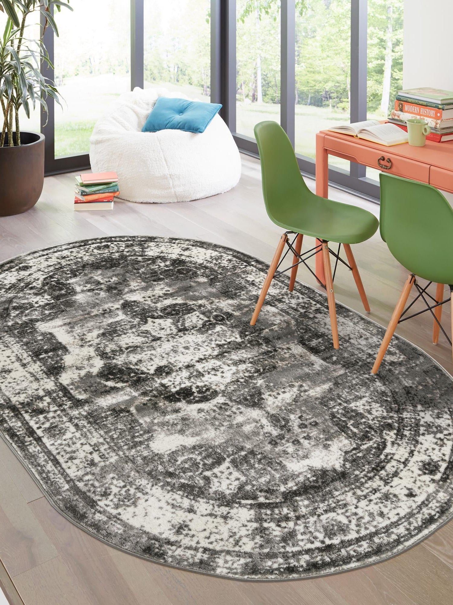 Gray 4' 1 x 6' 1 Sofia Oval Area Rug Durable Easy Clean Stain Resistant Unique Carpet for Affordable Interior Home Design for Sale at Rug Engine
