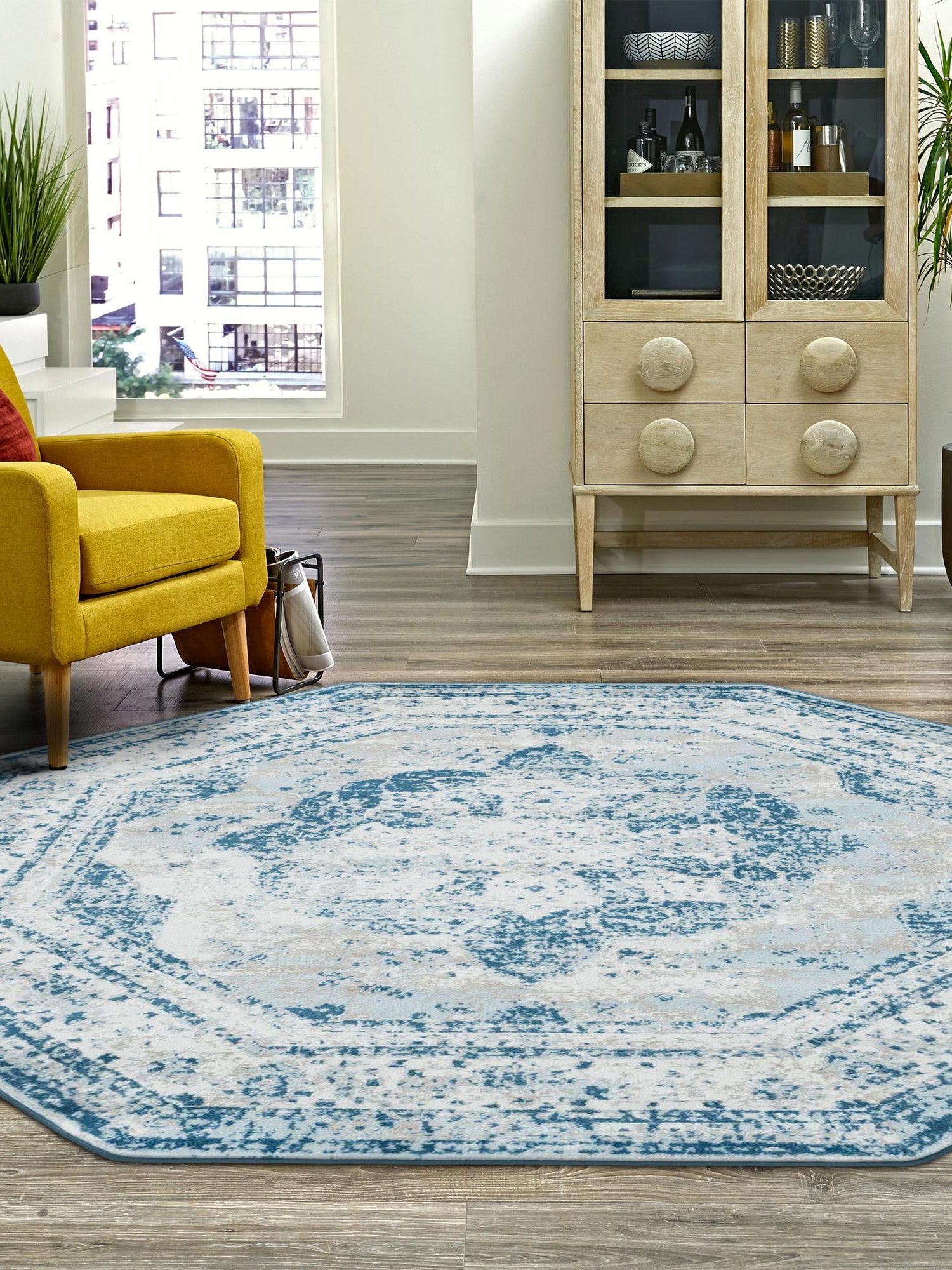 Blue 4' 1 x 4' 1 Sofia Octagon Area Rug Durable Easy Clean Stain Resistant Unique Carpet for Affordable Interior Home Design for Sale at Rug Engine