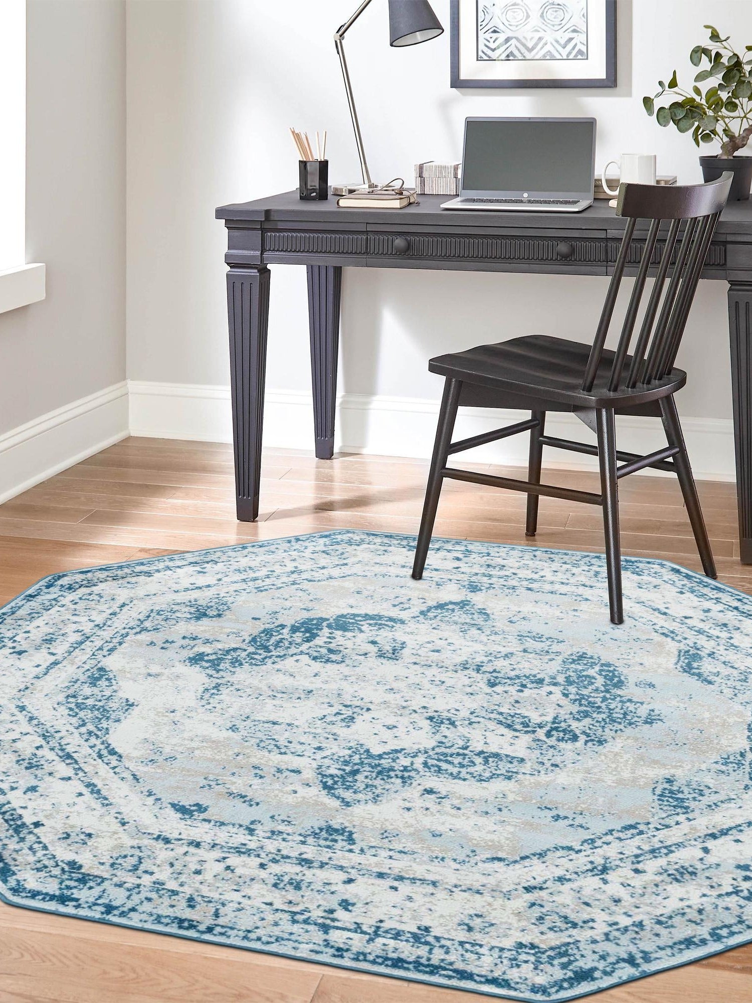 Blue 4' 1 x 4' 1 Sofia Octagon Area Rug Durable Easy Clean Stain Resistant Unique Carpet for Affordable Interior Home Design for Sale at Rug Engine