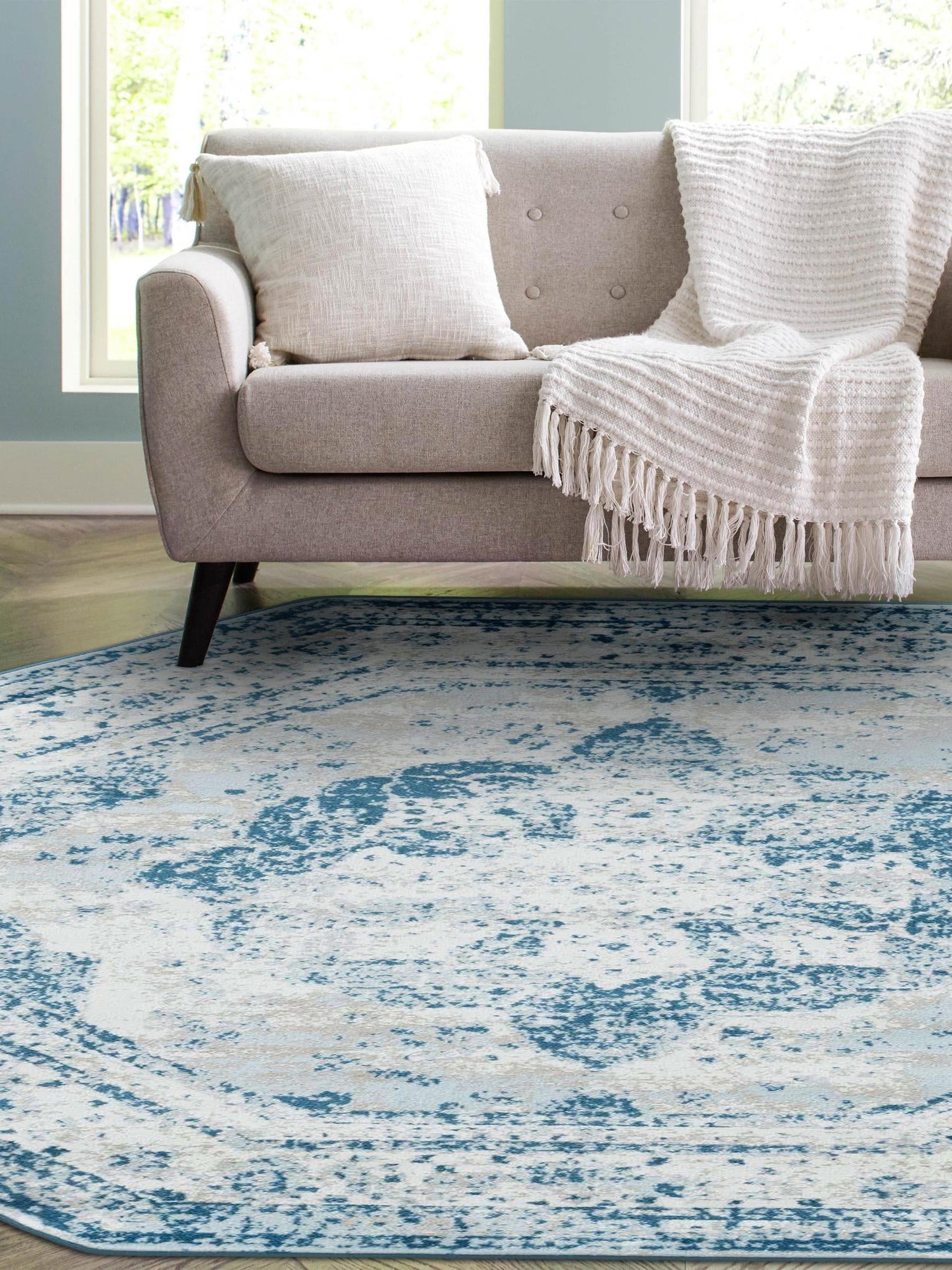 Blue 4' 1 x 4' 1 Sofia Octagon Area Rug Durable Easy Clean Stain Resistant Unique Carpet for Affordable Interior Home Design for Sale at Rug Engine
