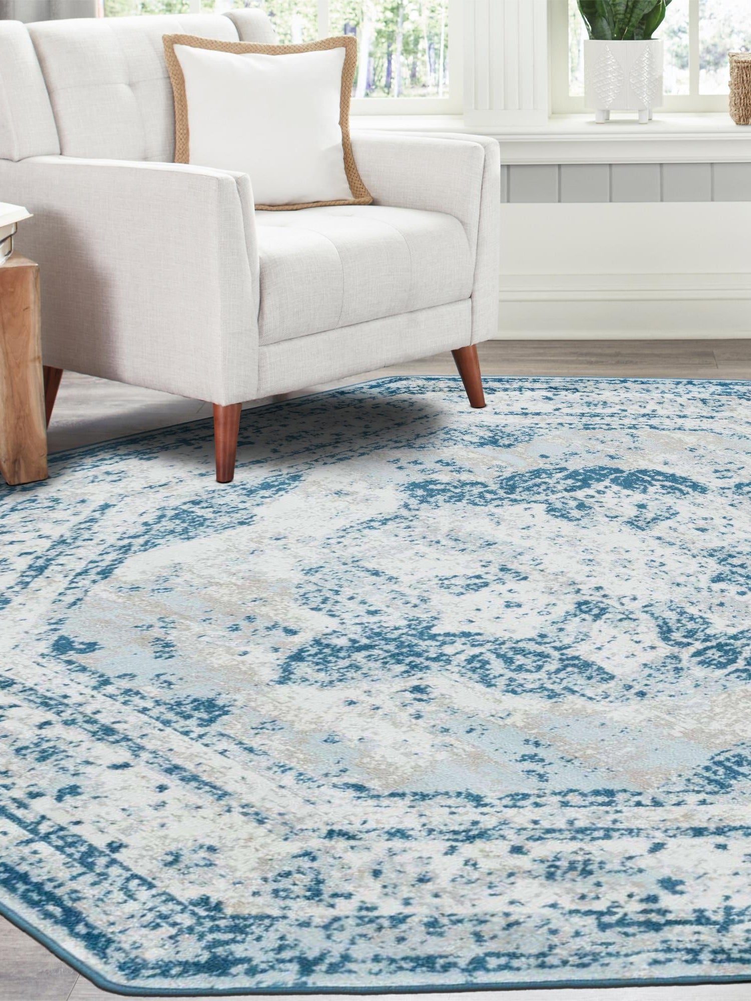 Blue 4' 1 x 4' 1 Sofia Octagon Area Rug Durable Easy Clean Stain Resistant Unique Carpet for Affordable Interior Home Design for Sale at Rug Engine