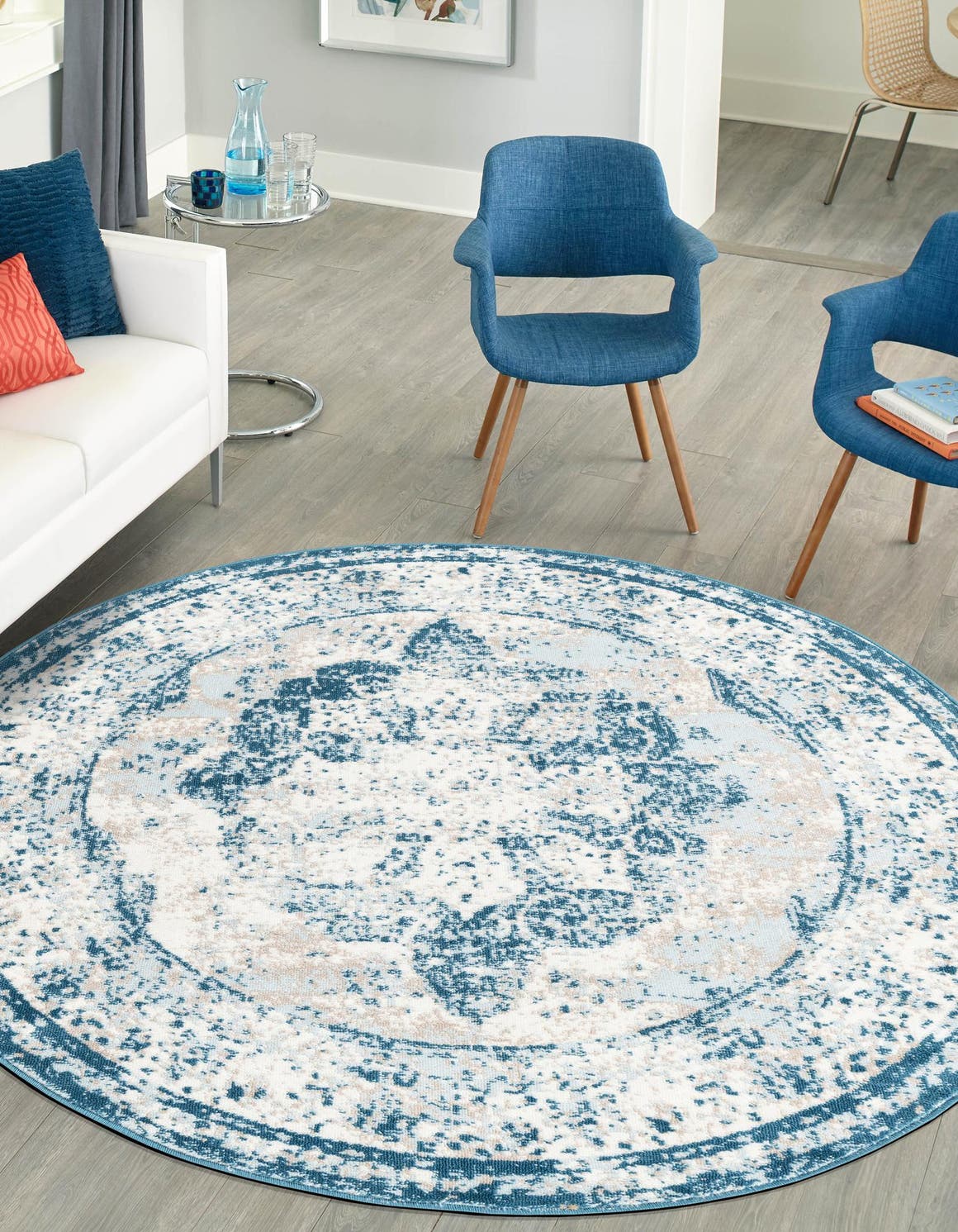 Blue 7' 10 x 7' 10 Sofia Round Area Rug Durable Easy Clean Stain Resistant Unique Carpet for Affordable Interior Home Design for Sale at Rug Engine