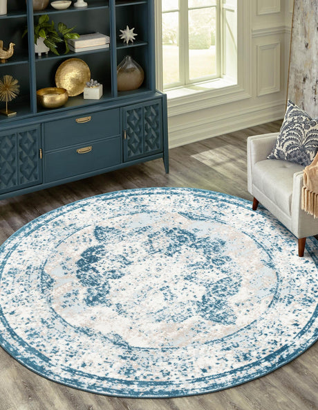 Blue 10' x 10' Sofia Round Area Rug Durable Easy Clean Stain Resistant Unique Carpet for Affordable Interior Home Design for Sale at Rug Engine