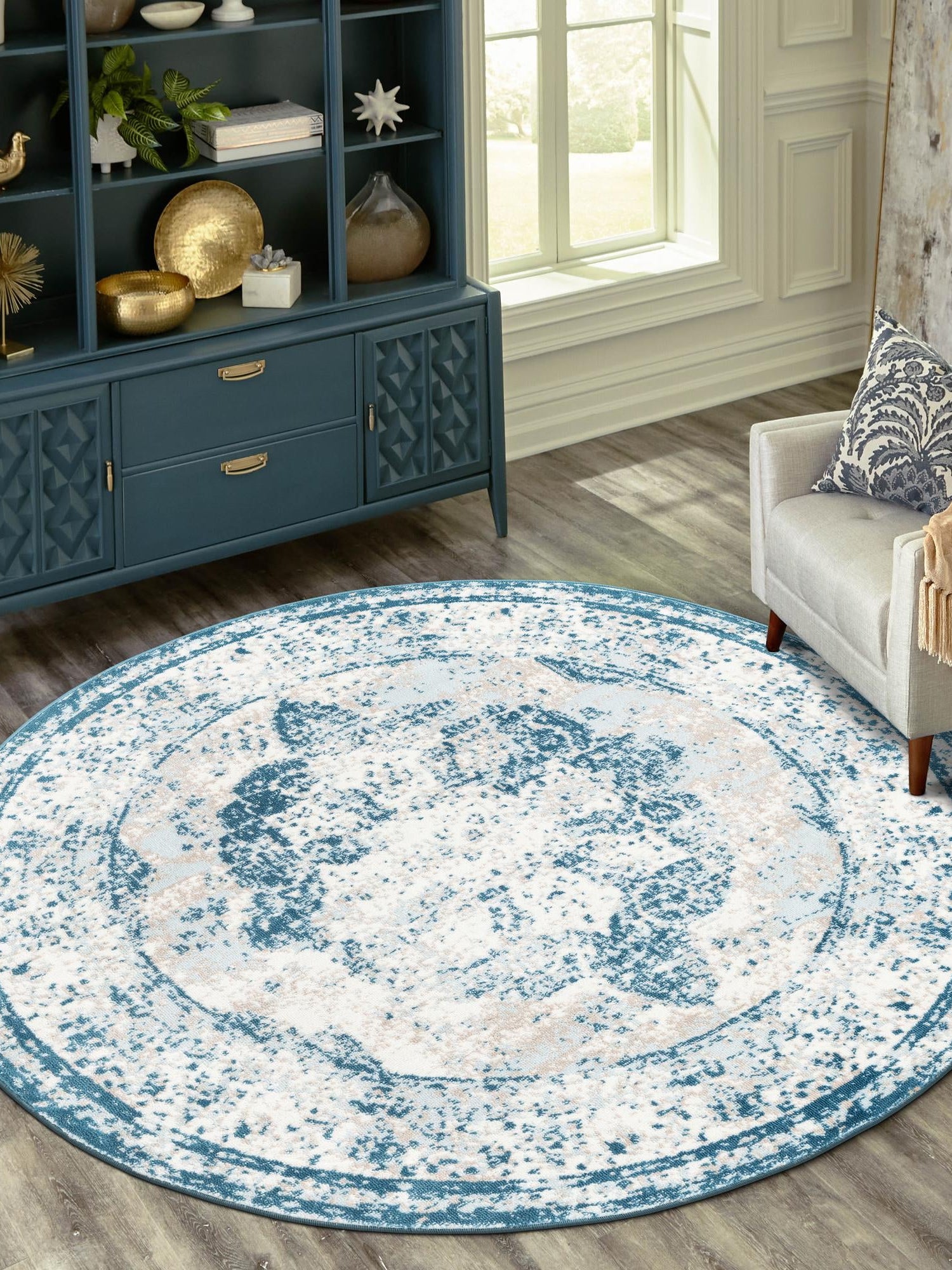 Blue 7' 10 x 7' 10 Sofia Round Area Rug Durable Easy Clean Stain Resistant Unique Carpet for Affordable Interior Home Design for Sale at Rug Engine