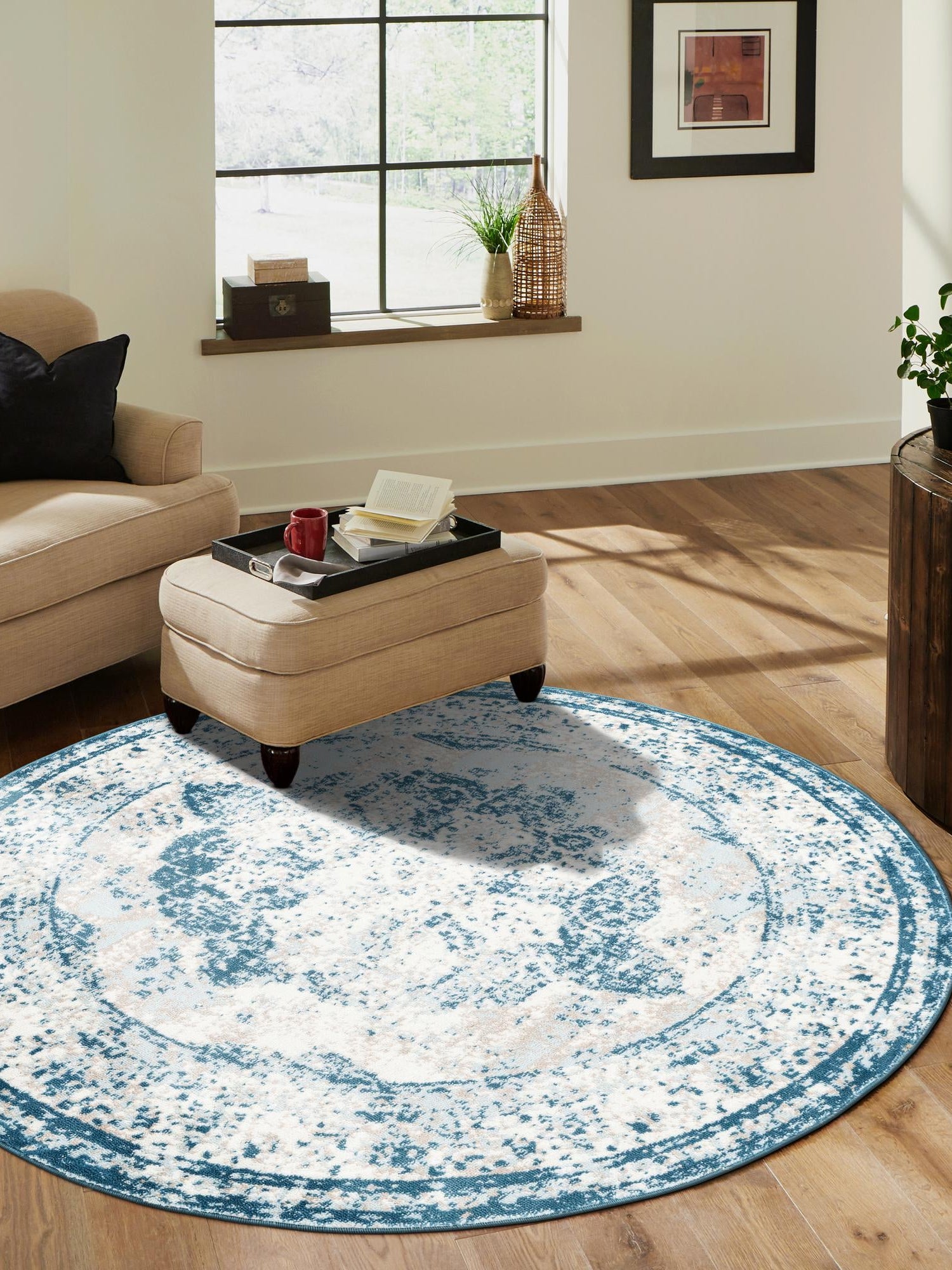 Blue 7' 1 x 7' 1 Sofia Round Area Rug Durable Easy Clean Stain Resistant Unique Carpet for Affordable Interior Home Design for Sale at Rug Engine
