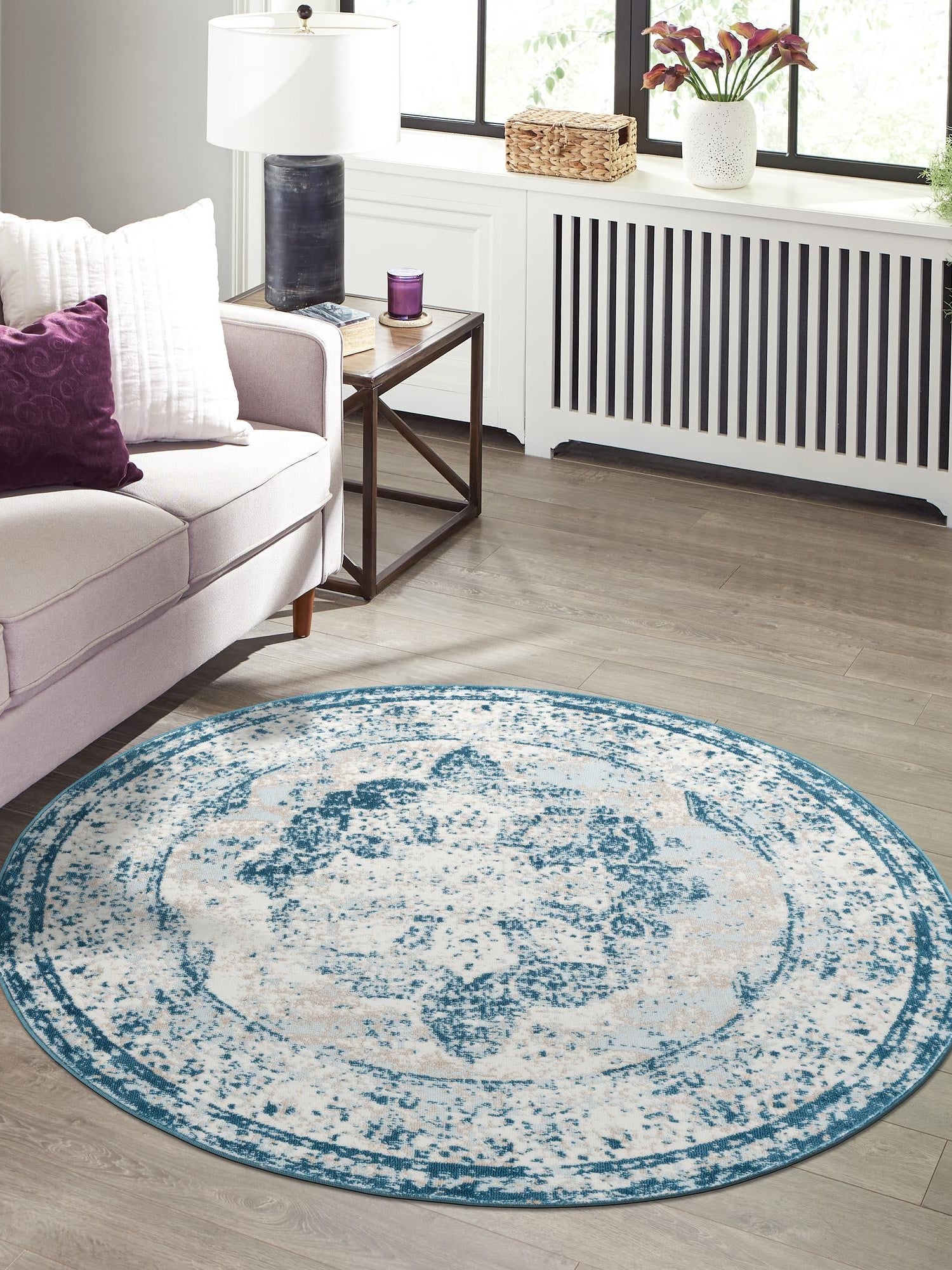 Blue 10' x 10' Sofia Round Area Rug Durable Easy Clean Stain Resistant Unique Carpet for Affordable Interior Home Design for Sale at Rug Engine