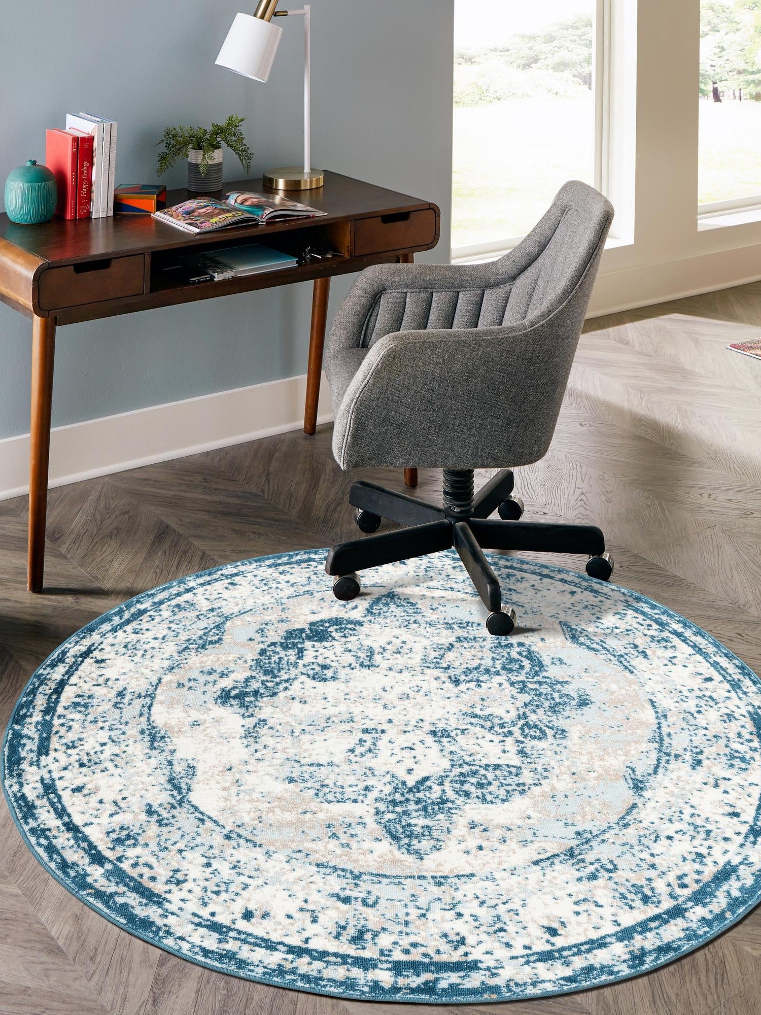 Blue 7' 10 x 7' 10 Sofia Round Area Rug Durable Easy Clean Stain Resistant Unique Carpet for Affordable Interior Home Design for Sale at Rug Engine