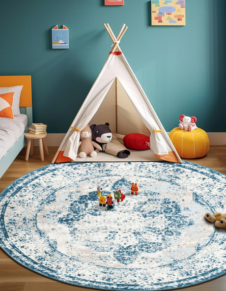 Blue 3' 1 x 3' 1 Sofia Round Area Rug Durable Easy Clean Stain Resistant Unique Carpet for Affordable Interior Home Design for Sale at Rug Engine