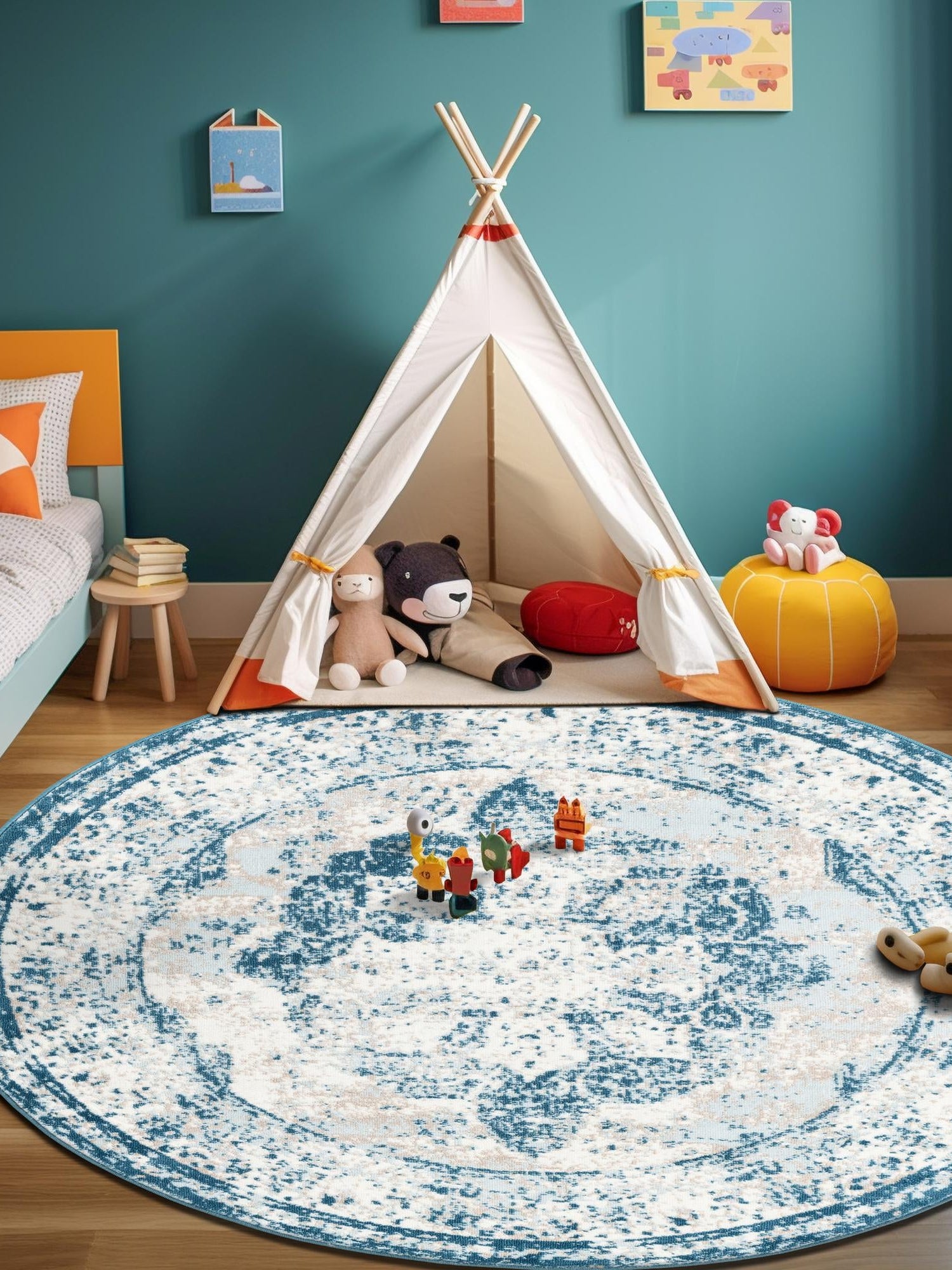 Blue 6' 1 x 6' 1 Sofia Round Area Rug Durable Easy Clean Stain Resistant Unique Carpet for Affordable Interior Home Design for Sale at Rug Engine