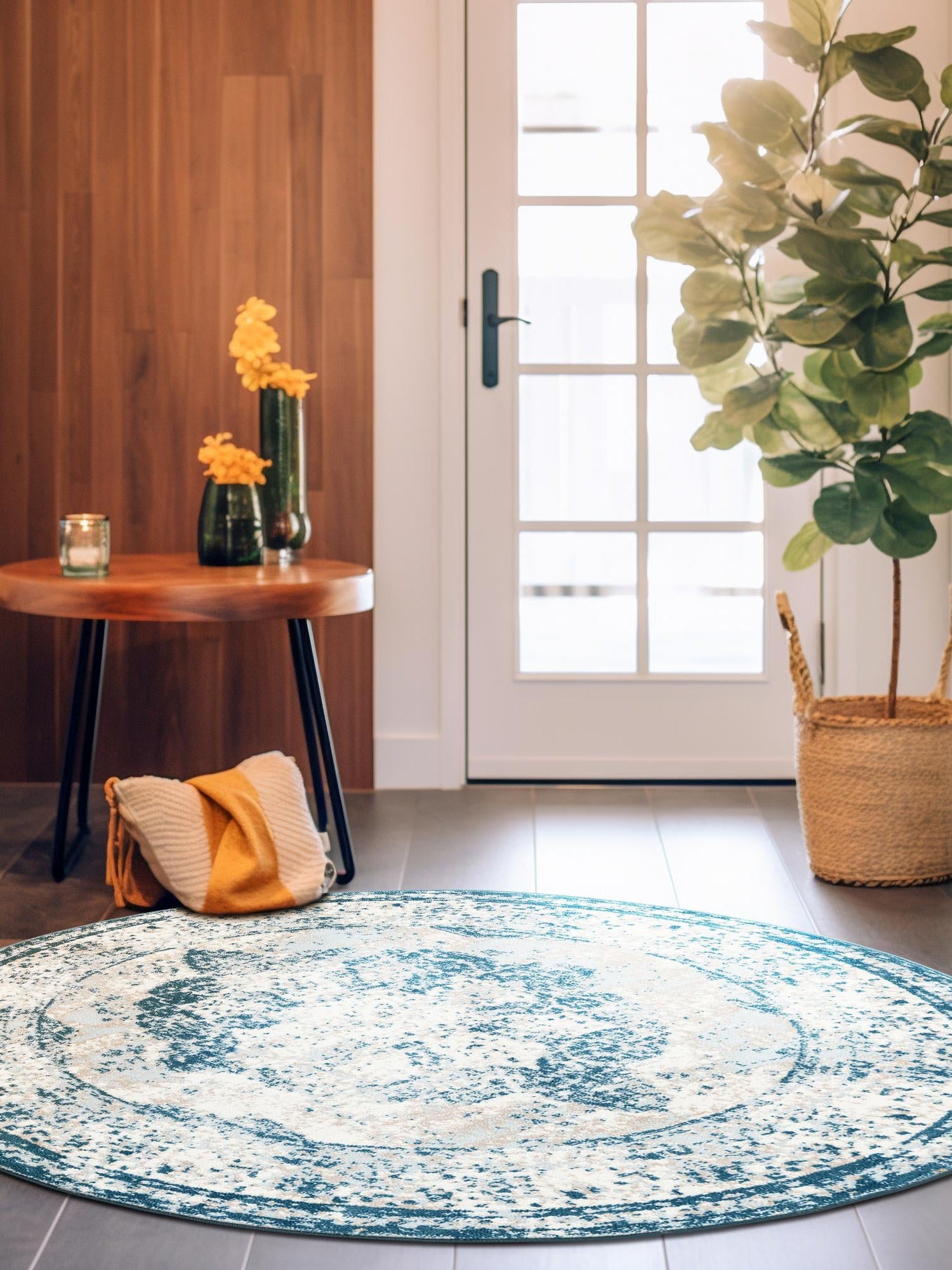 Blue 3' 1 x 3' 1 Sofia Round Area Rug Durable Easy Clean Stain Resistant Unique Carpet for Affordable Interior Home Design for Sale at Rug Engine