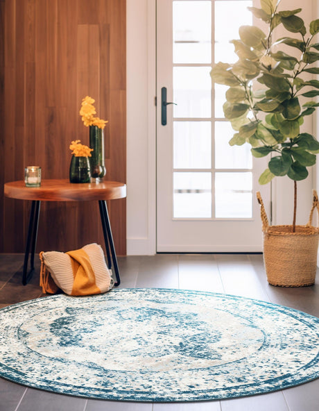 Blue 7' 1 x 7' 1 Sofia Round Area Rug Durable Easy Clean Stain Resistant Unique Carpet for Affordable Interior Home Design for Sale at Rug Engine