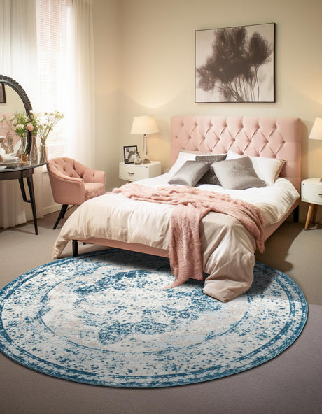 Blue 3' 1 x 3' 1 Sofia Round Area Rug Durable Easy Clean Stain Resistant Unique Carpet for Affordable Interior Home Design for Sale at Rug Engine