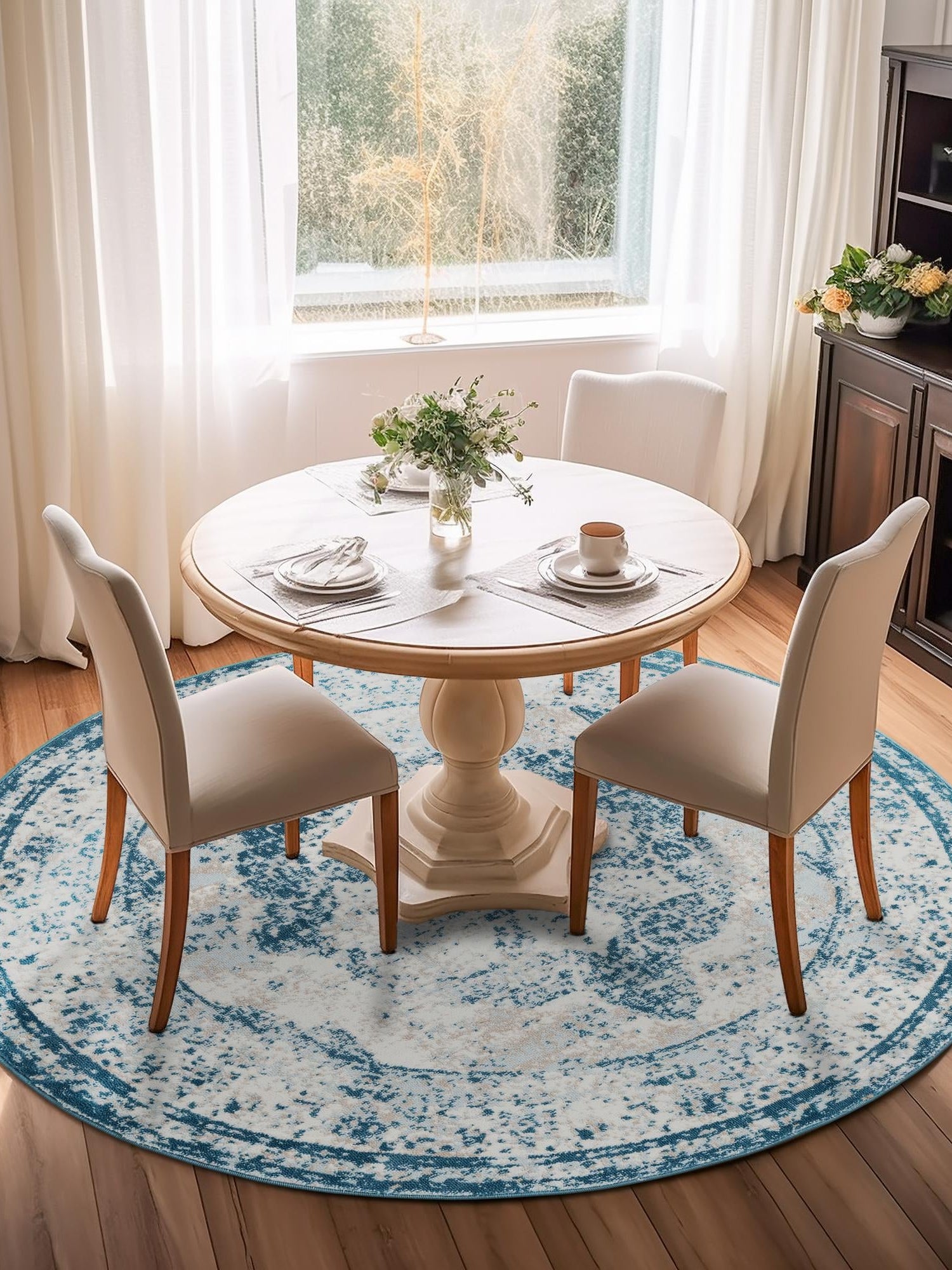 Blue 4' 1 x 4' 1 Sofia Round Area Rug Durable Easy Clean Stain Resistant Unique Carpet for Affordable Interior Home Design for Sale at Rug Engine
