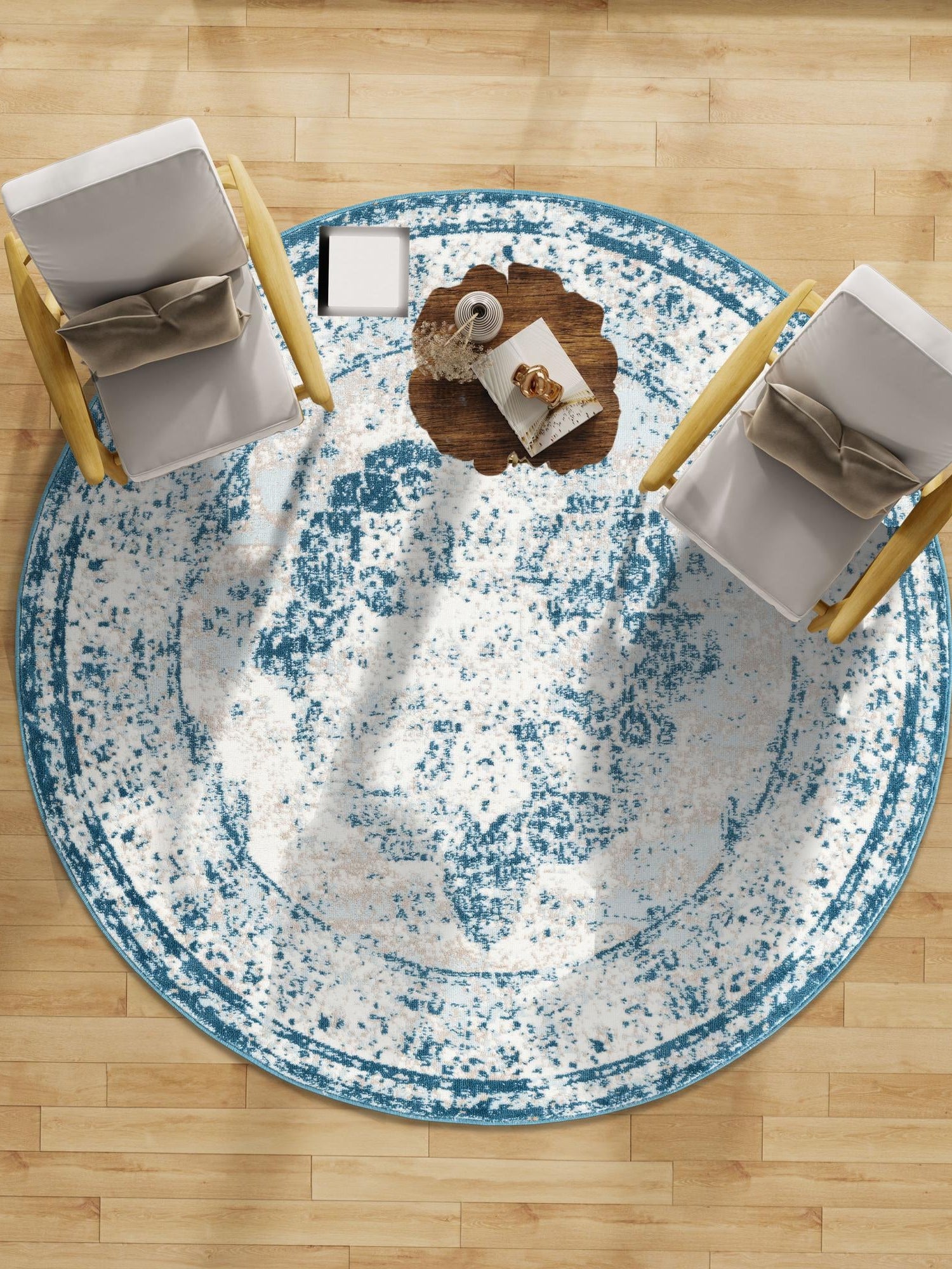 Blue 4' 1 x 4' 1 Sofia Round Area Rug Durable Easy Clean Stain Resistant Unique Carpet for Affordable Interior Home Design for Sale at Rug Engine
