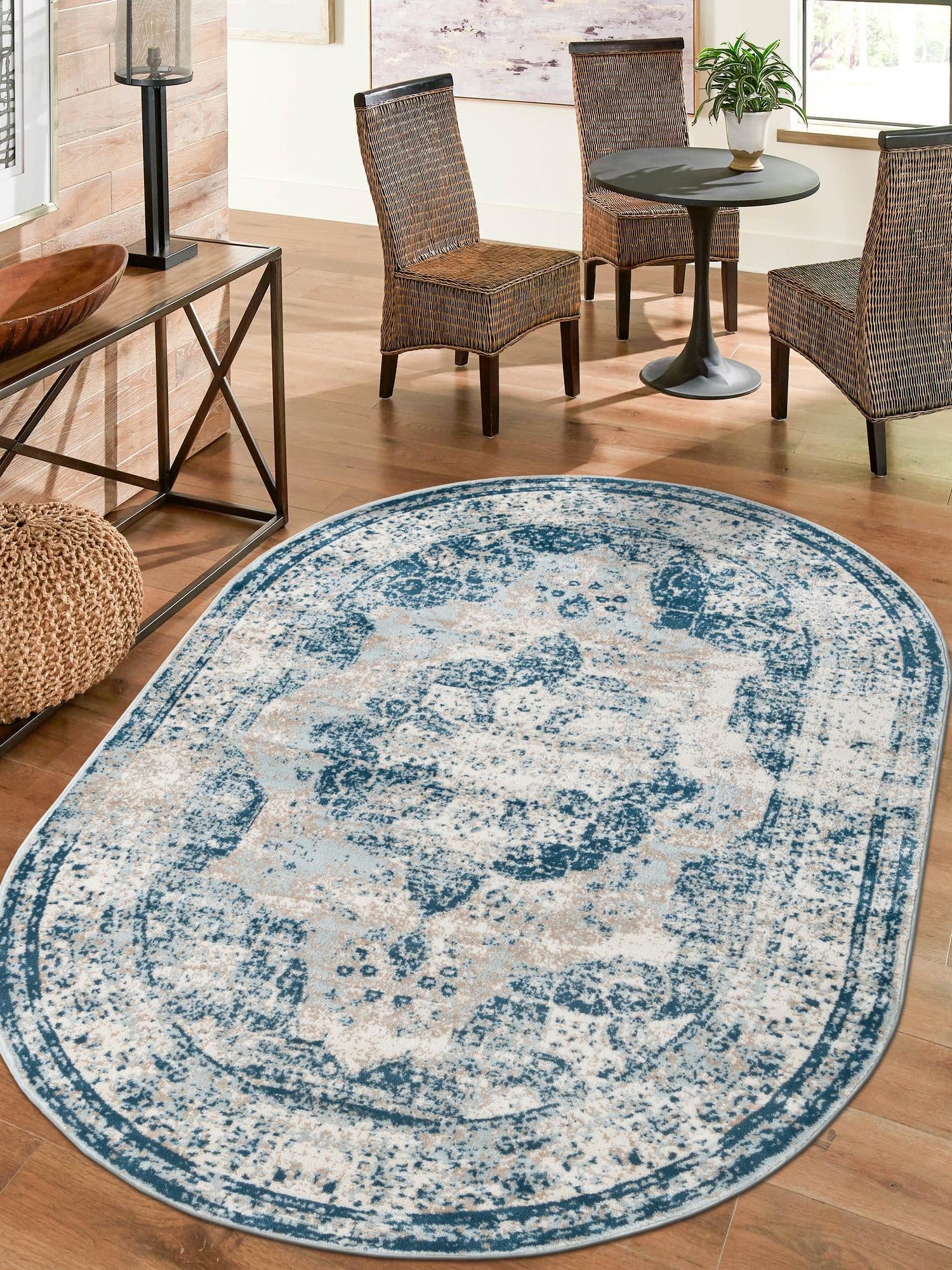 Blue 5' 3 x 8' Sofia Oval Area Rug Durable Easy Clean Stain Resistant Unique Carpet for Affordable Interior Home Design for Sale at Rug Engine