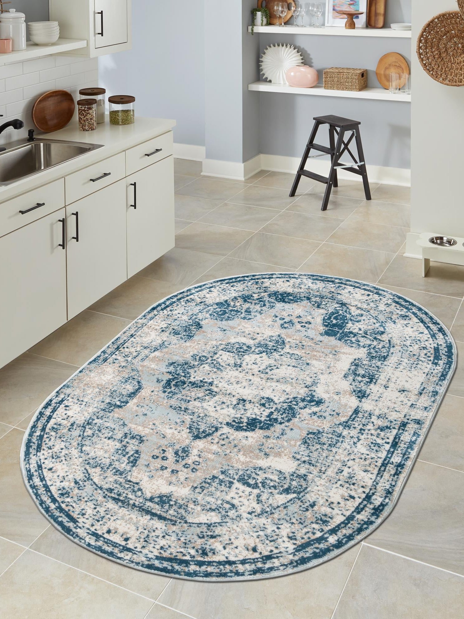 Blue 5' 3 x 8' Sofia Oval Area Rug Durable Easy Clean Stain Resistant Unique Carpet for Affordable Interior Home Design for Sale at Rug Engine
