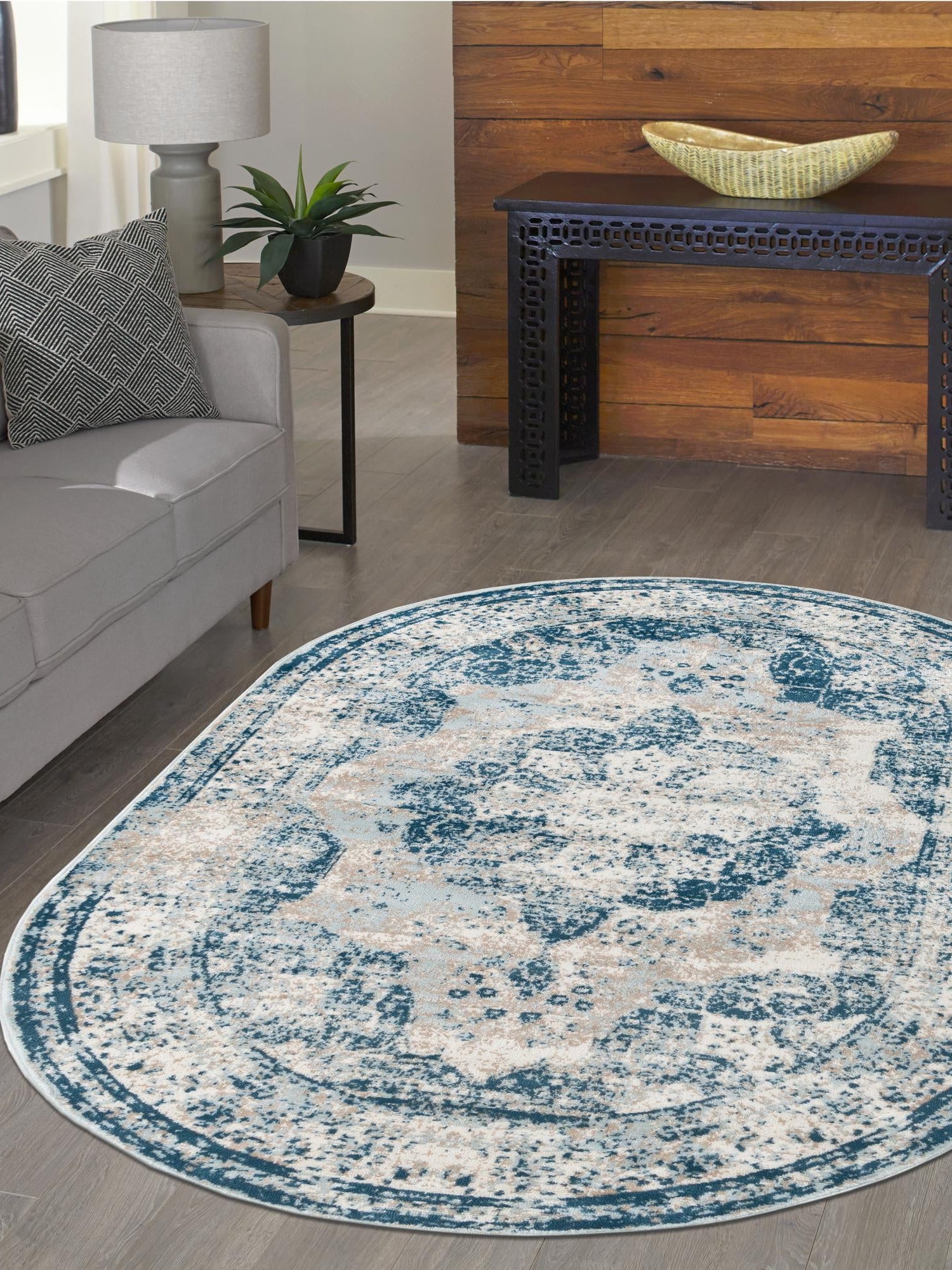 Blue 3' 1 x 5' 3 Sofia Oval Area Rug Durable Easy Clean Stain Resistant Unique Carpet for Affordable Interior Home Design for Sale at Rug Engine