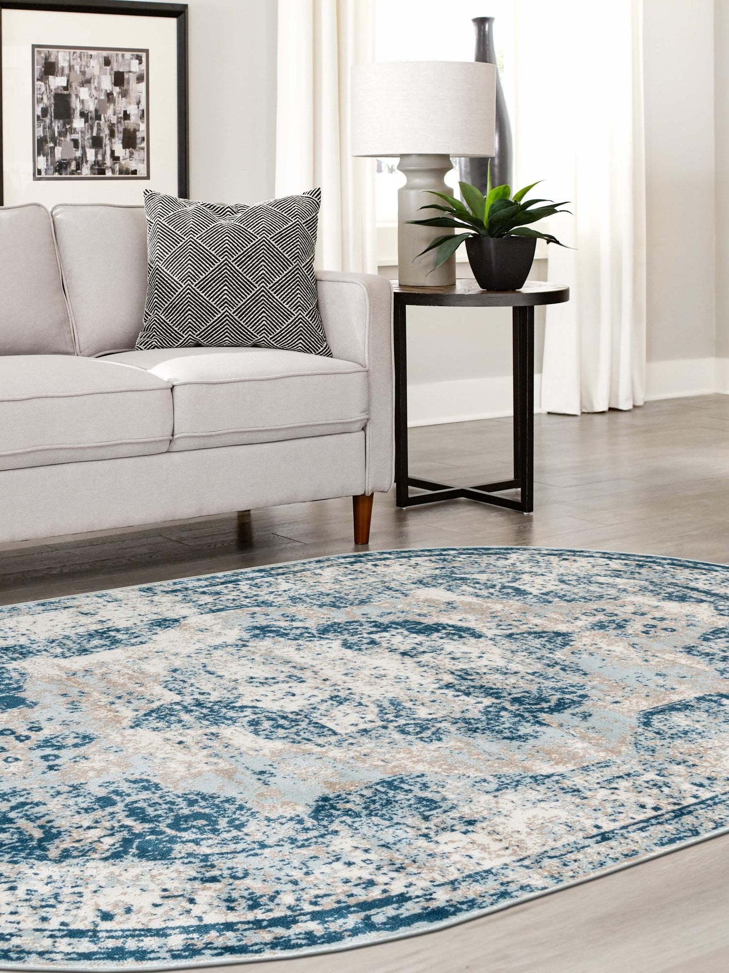 Blue 5' 3 x 8' Sofia Oval Area Rug Durable Easy Clean Stain Resistant Unique Carpet for Affordable Interior Home Design for Sale at Rug Engine