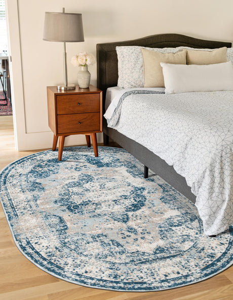 Blue 7' 10 x 10' Sofia Oval Area Rug Durable Easy Clean Stain Resistant Unique Carpet for Affordable Interior Home Design for Sale at Rug Engine