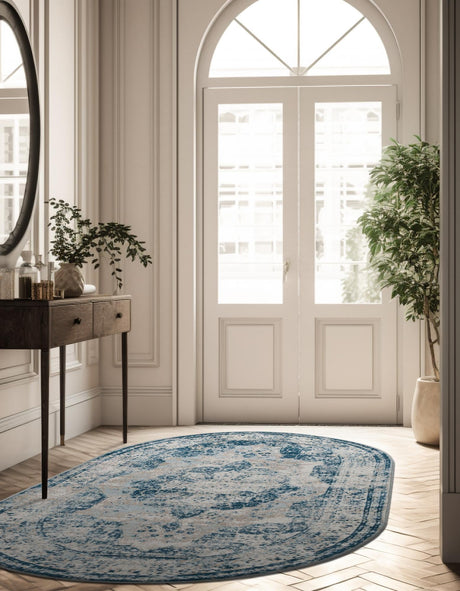 Blue 3' 1 x 5' 3 Sofia Oval Area Rug Durable Easy Clean Stain Resistant Unique Carpet for Affordable Interior Home Design for Sale at Rug Engine