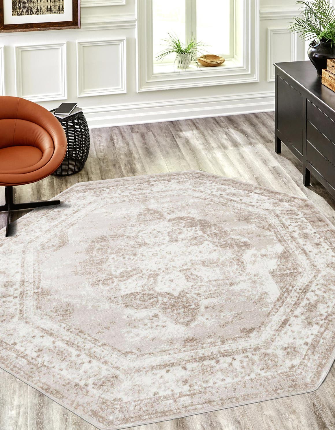 Beige 4' 1 x 4' 1 Sofia Octagon Area Rug Durable Easy Clean Stain Resistant Unique Carpet for Affordable Interior Home Design for Sale at Rug Engine