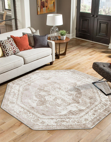 Beige 5' 3 x 5' 3 Sofia Octagon Area Rug Durable Easy Clean Stain Resistant Unique Carpet for Affordable Interior Home Design for Sale at Rug Engine