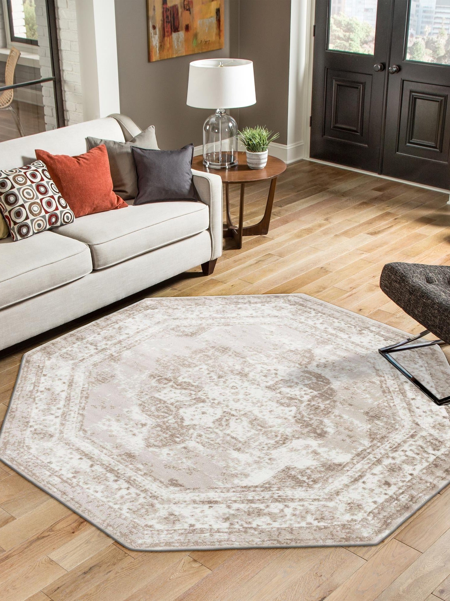 Beige 4' 1 x 4' 1 Sofia Octagon Area Rug Durable Easy Clean Stain Resistant Unique Carpet for Affordable Interior Home Design for Sale at Rug Engine