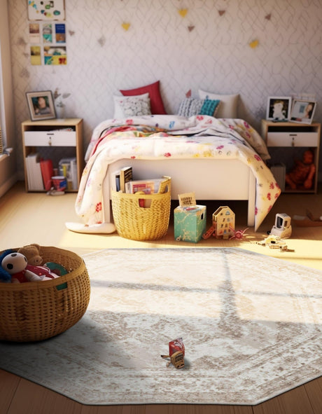 Beige 7' 10 x 7' 10 Sofia Octagon Area Rug Durable Easy Clean Stain Resistant Unique Carpet for Affordable Interior Home Design for Sale at Rug Engine