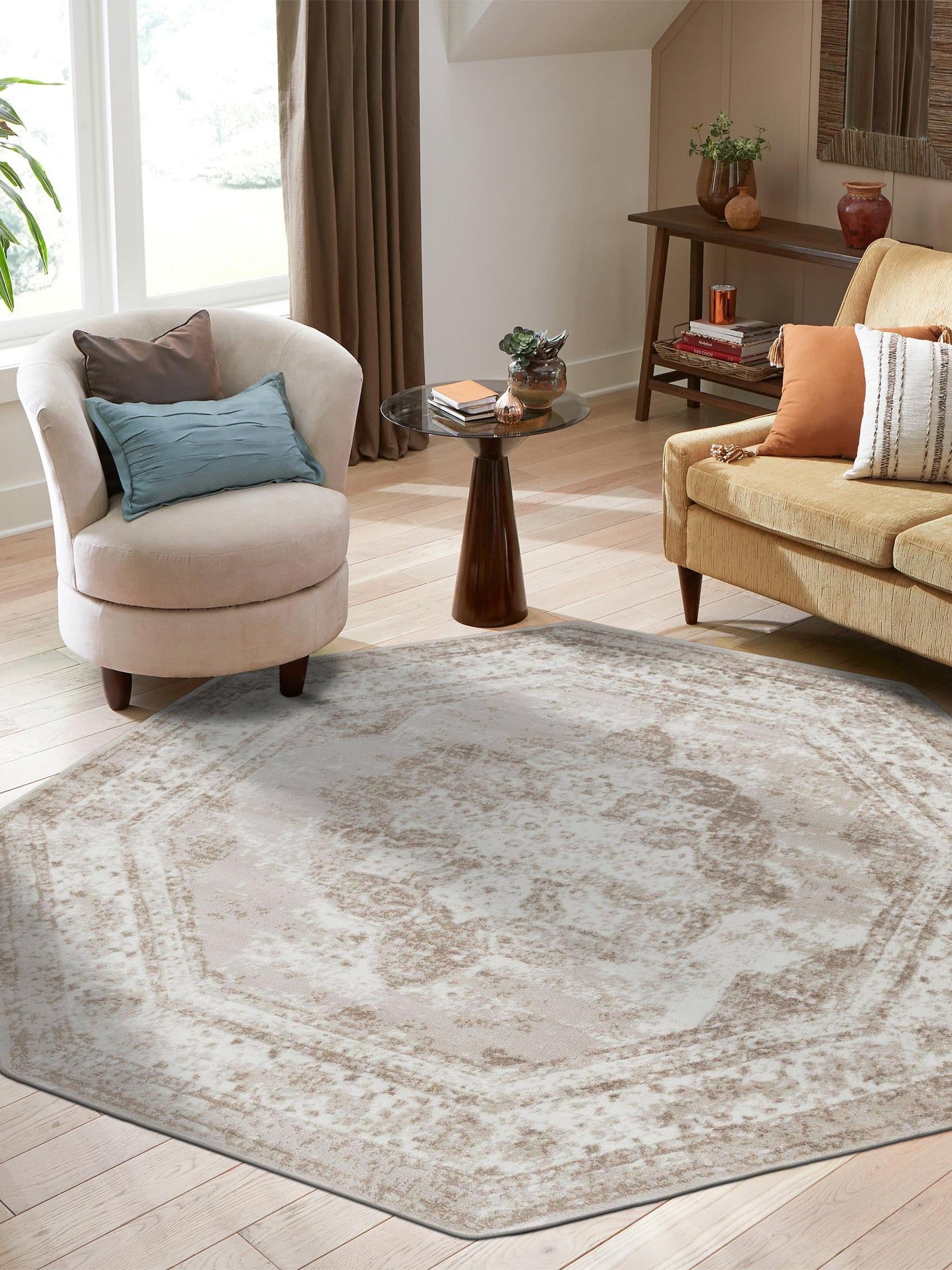 Beige 7' 10 x 7' 10 Sofia Octagon Area Rug Durable Easy Clean Stain Resistant Unique Carpet for Affordable Interior Home Design for Sale at Rug Engine