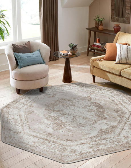 Beige 7' 10 x 7' 10 Sofia Octagon Area Rug Durable Easy Clean Stain Resistant Unique Carpet for Affordable Interior Home Design for Sale at Rug Engine