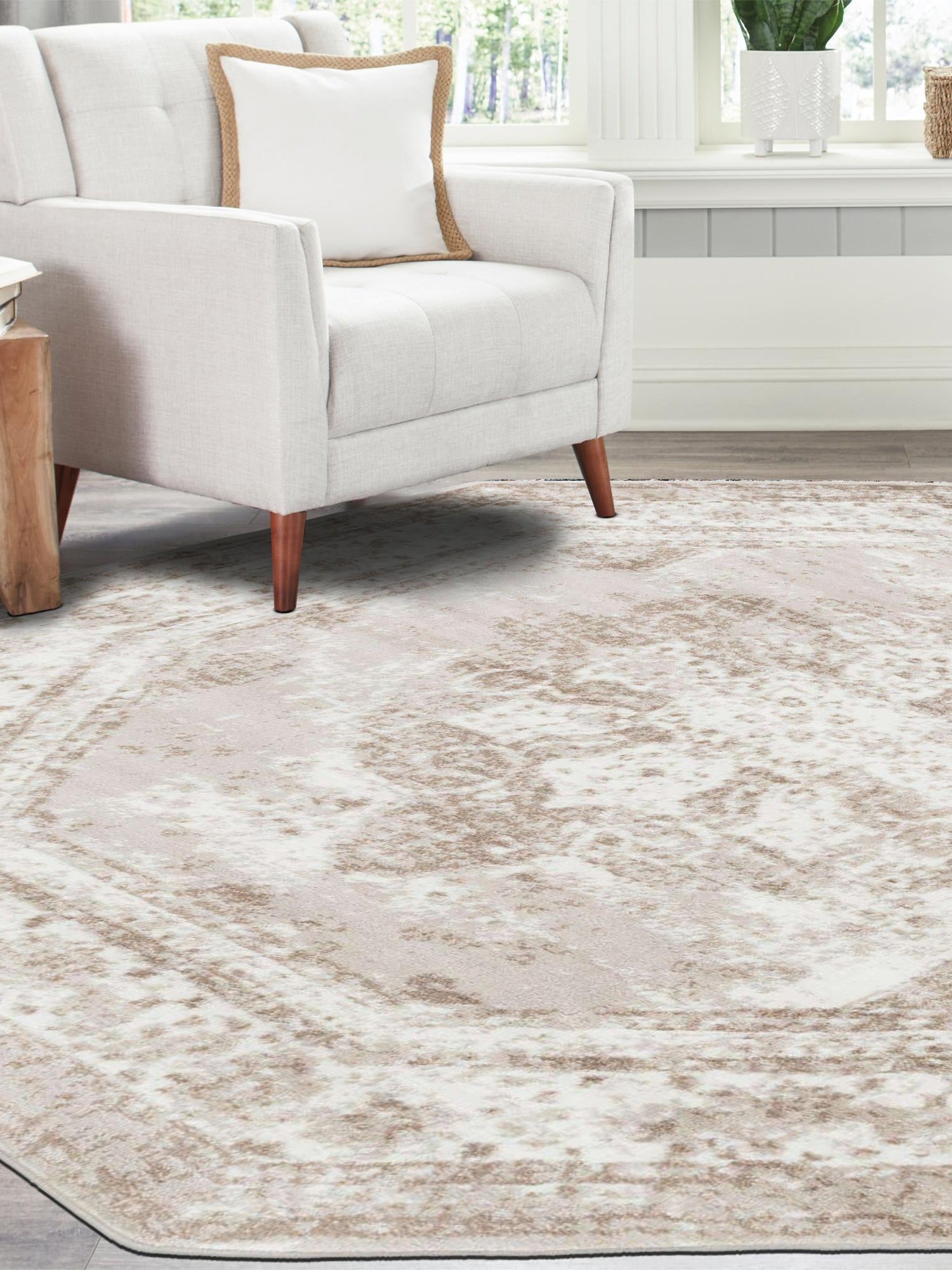 Beige 4' 1 x 4' 1 Sofia Octagon Area Rug Durable Easy Clean Stain Resistant Unique Carpet for Affordable Interior Home Design for Sale at Rug Engine