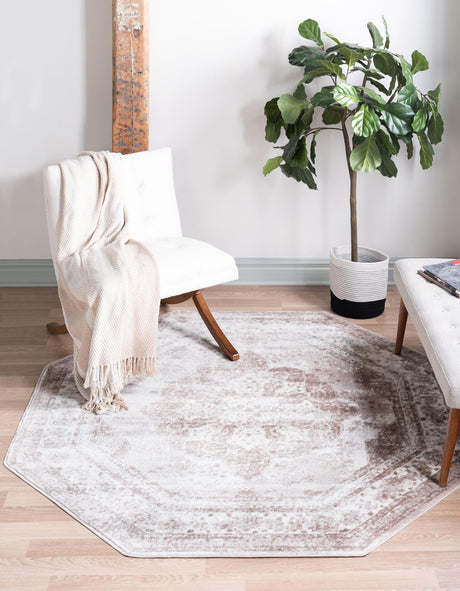 Beige 4' 1 x 4' 1 Sofia Octagon Area Rug Durable Easy Clean Stain Resistant Unique Carpet for Affordable Interior Home Design for Sale at Rug Engine