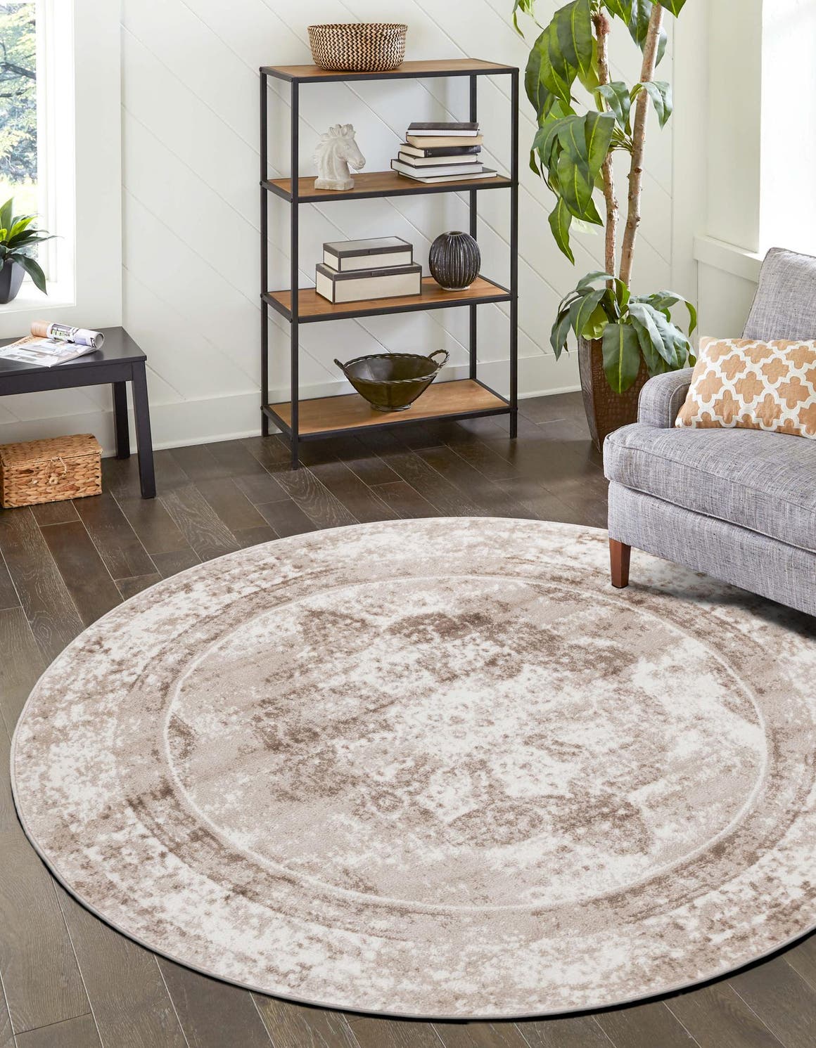 Beige 4' 1 x 4' 1 Sofia Round Area Rug Durable Easy Clean Stain Resistant Unique Carpet for Affordable Interior Home Design for Sale at Rug Engine