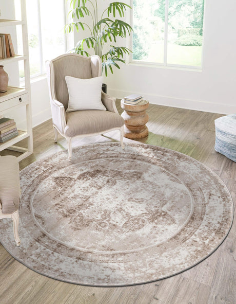 Beige 7' 10 x 7' 10 Sofia Round Area Rug Durable Easy Clean Stain Resistant Unique Carpet for Affordable Interior Home Design for Sale at Rug Engine
