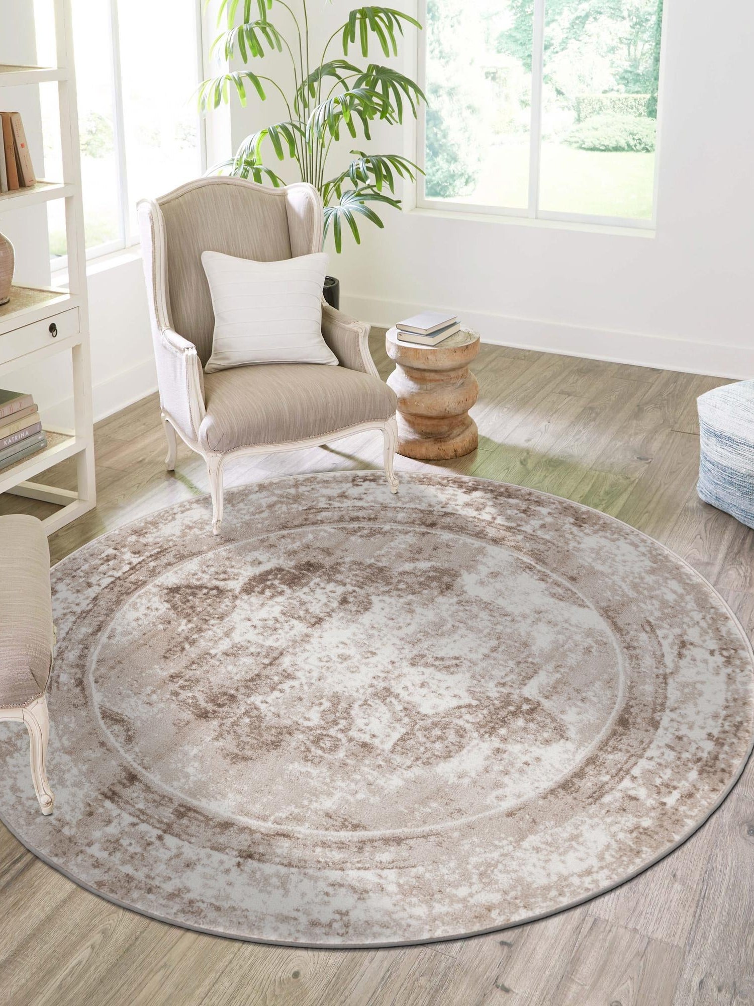 Beige 7' 1 x 7' 1 Sofia Round Area Rug Durable Easy Clean Stain Resistant Unique Carpet for Affordable Interior Home Design for Sale at Rug Engine