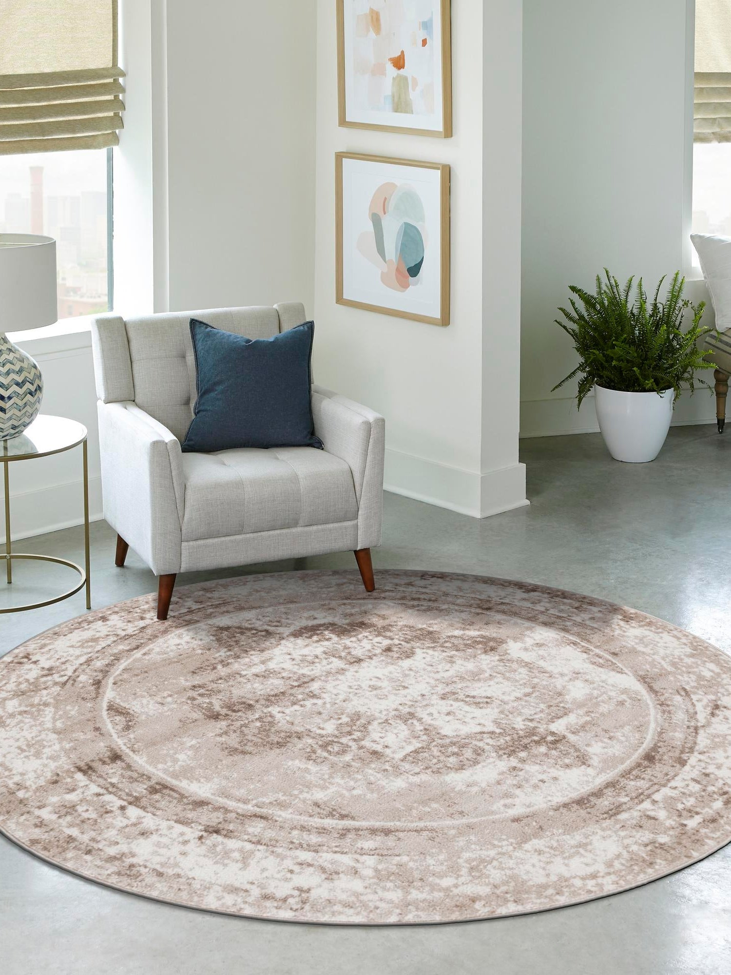 Beige 5' 3 x 5' 3 Sofia Round Area Rug Durable Easy Clean Stain Resistant Unique Carpet for Affordable Interior Home Design for Sale at Rug Engine